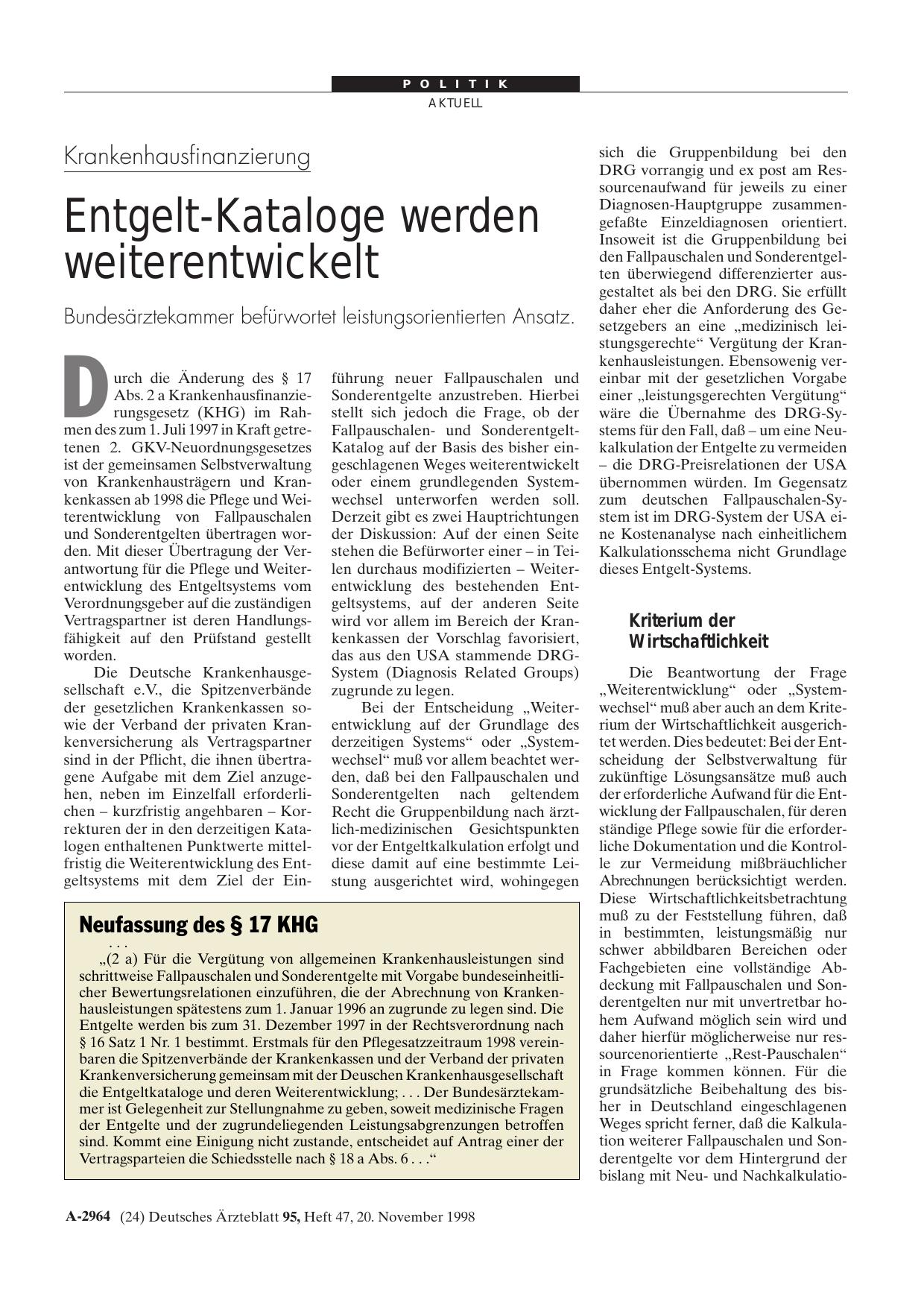 Vorschauseite 1: Krankenhausfinanzierung: Entgelt-Kataloge werden weiterentwickelt