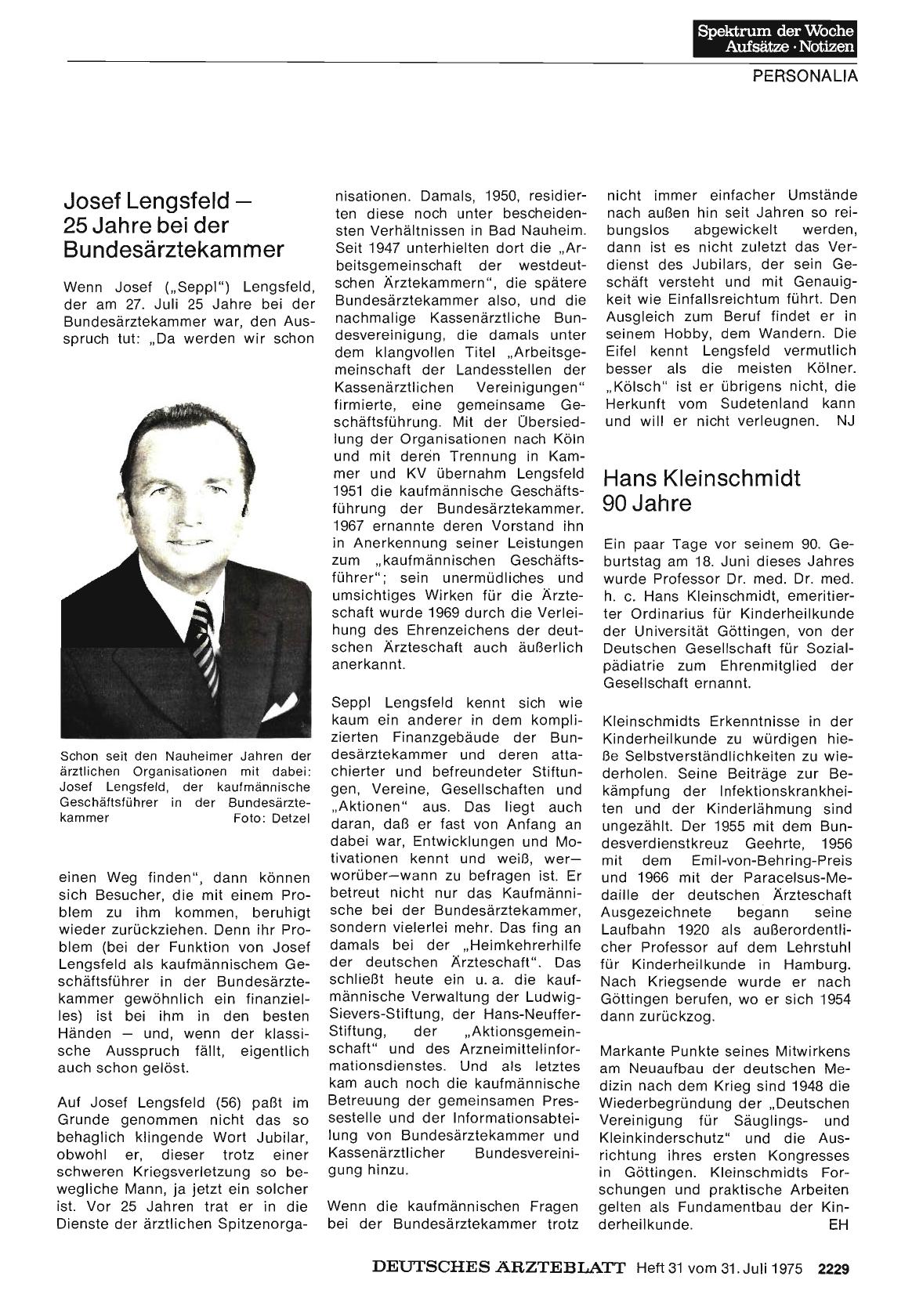 Vorschauseite 1: Josef Lengsfeld — 25 Jahre bei der Bundesärztekammer