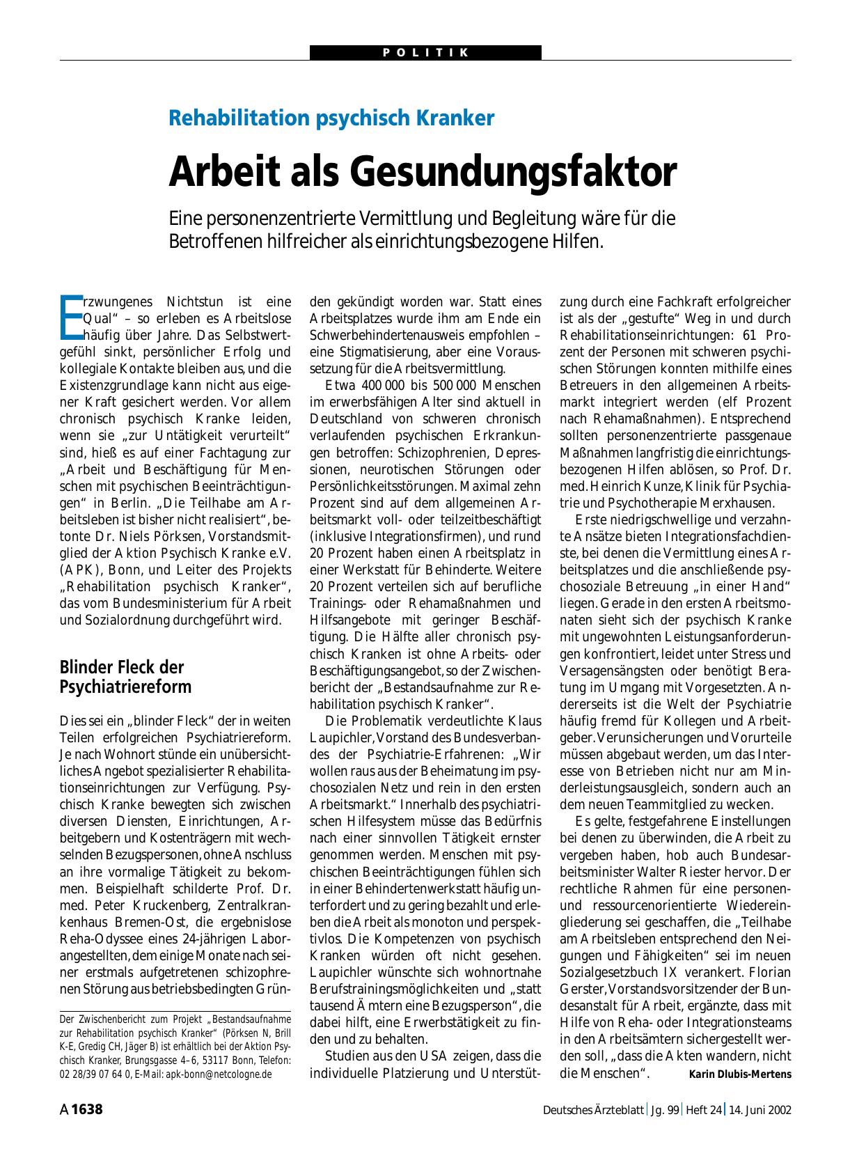 Vorschauseite 1: Rehabilitation psychisch Kranker: Arbeit als Gesundungsfaktor