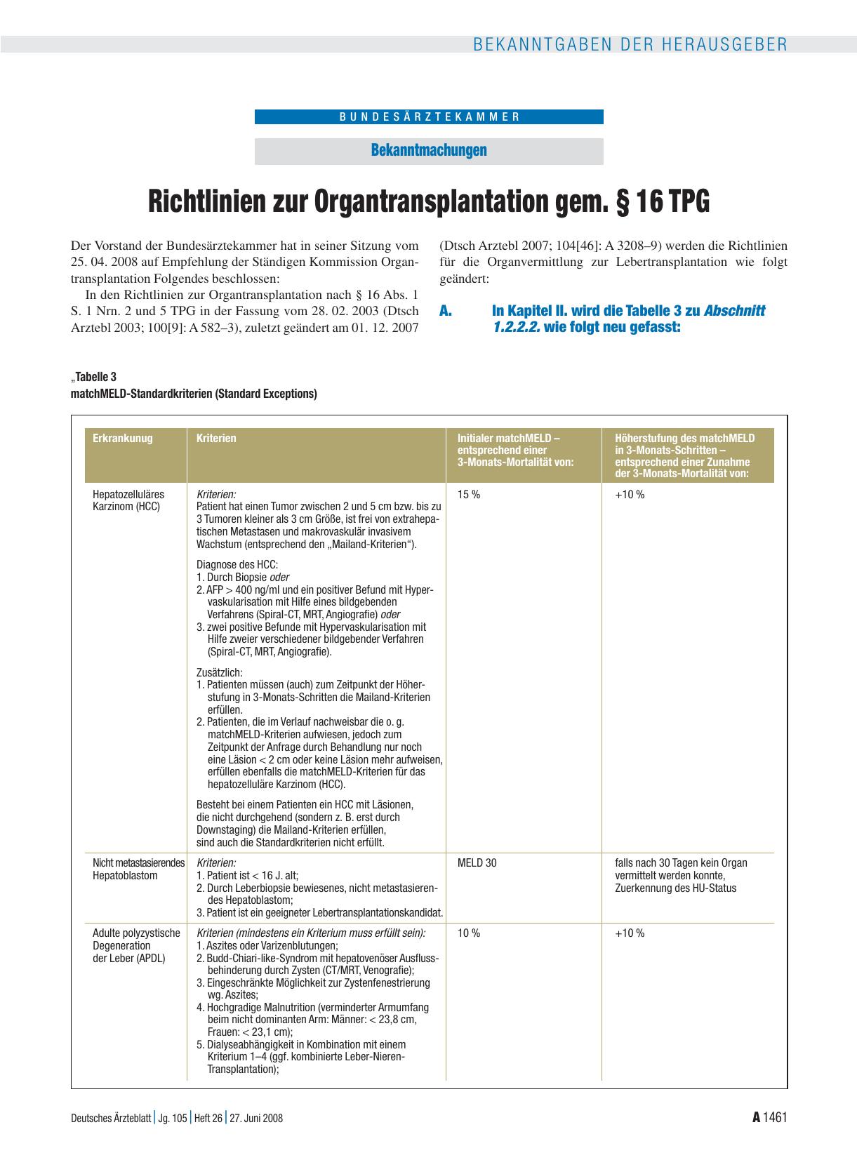 Vorschauseite 1: Bekanntmachungen: Richtlinien zur Organtransplantation gem. § 16 TPG