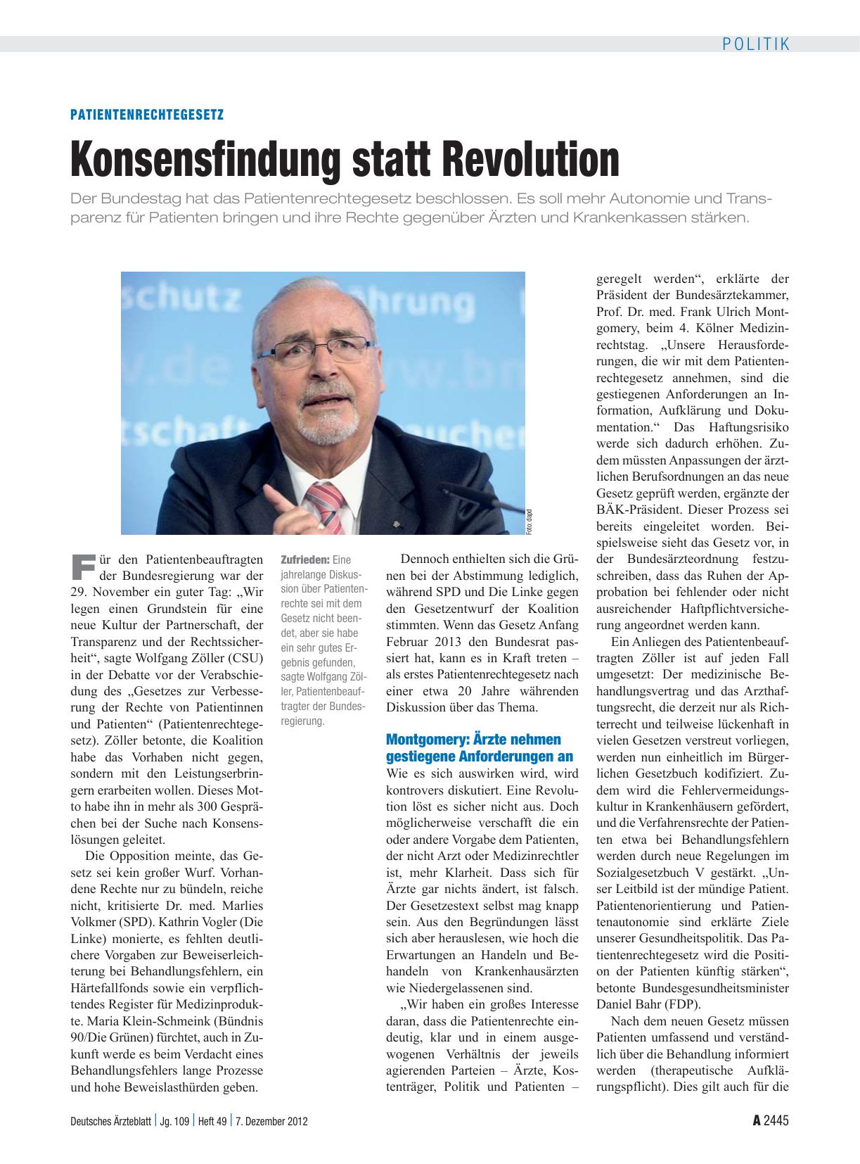 Vorschauseite 1: Patientenrechtegesetz: Konsensfindung statt Revolution