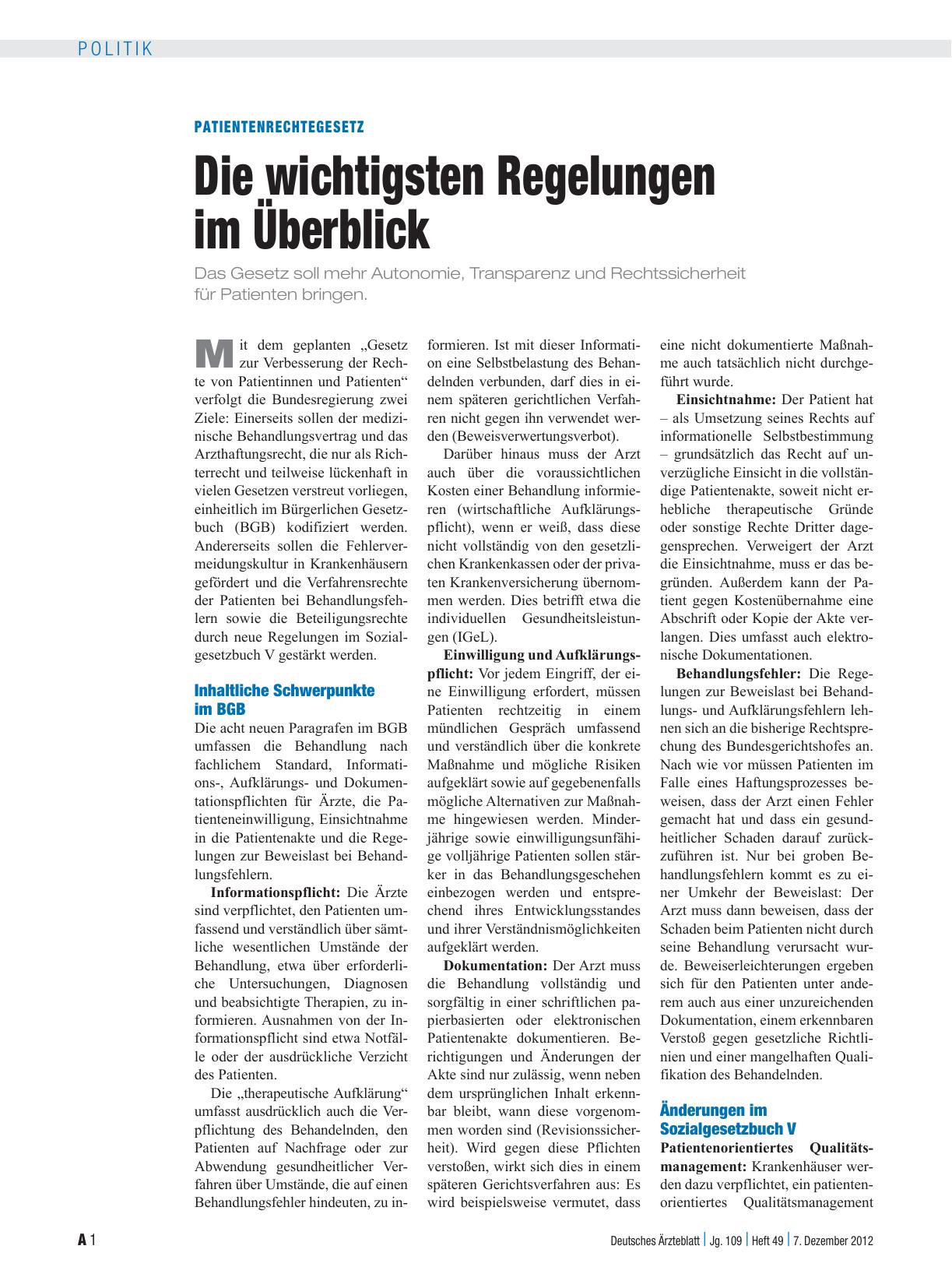 Vorschauseite 5: Patientenrechtegesetz: Konsensfindung statt Revolution