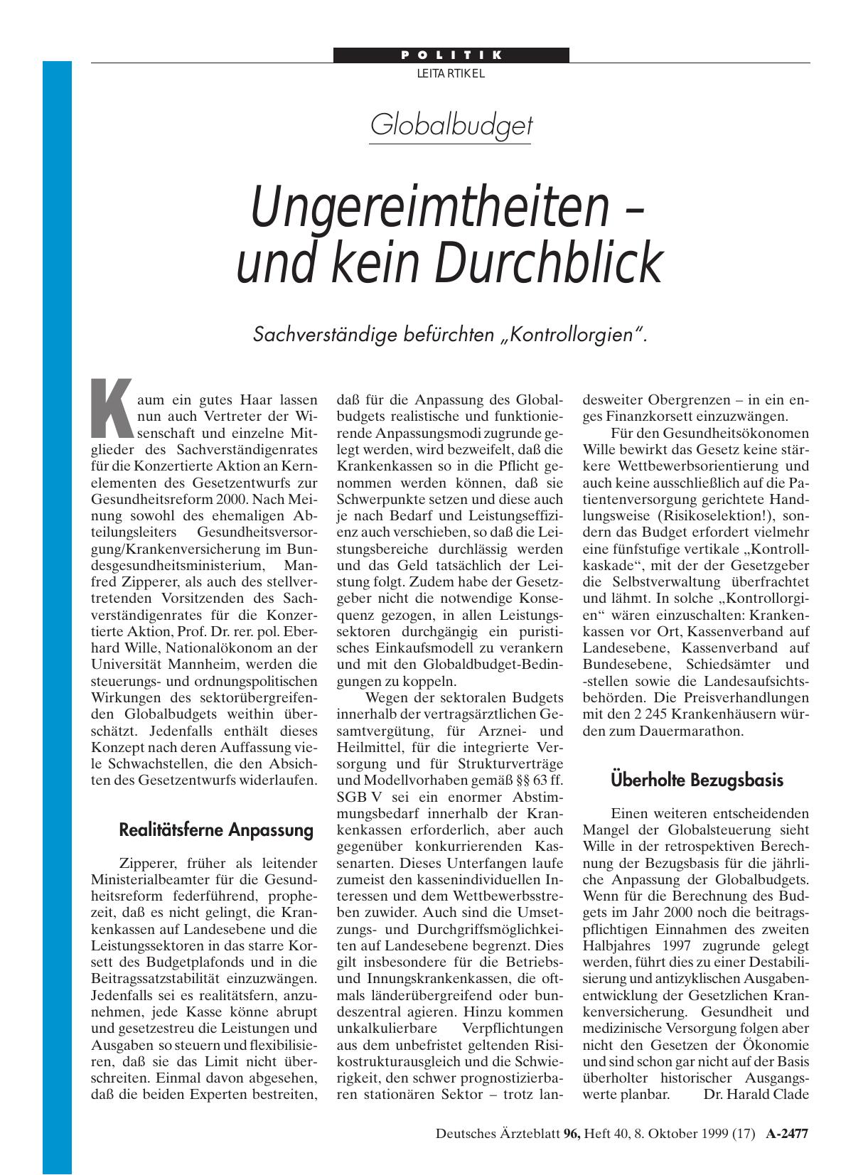 Vorschauseite 1: Globalbudget: Ungereimtheiten - und kein Durchblick