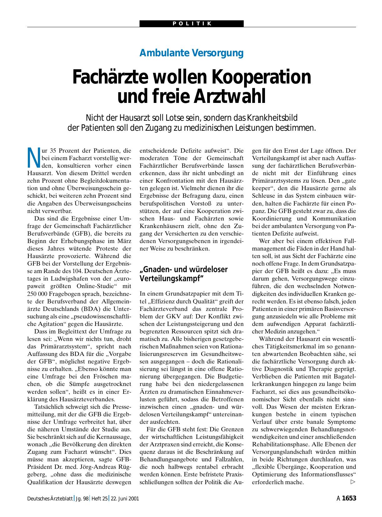 Vorschauseite 1: Ambulante Versorgung: Fachärzte wollen Kooperation und freie Arztwahl