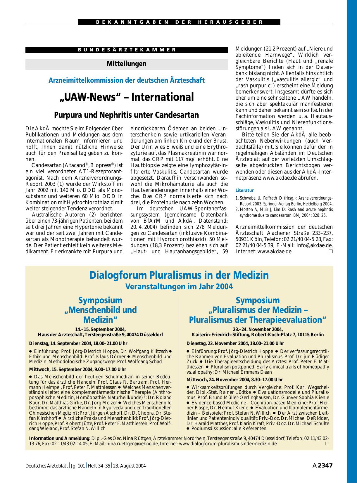 Vorschauseite 1: „UAW-News“ – International: Purpura und Nephritis unter Candesartan