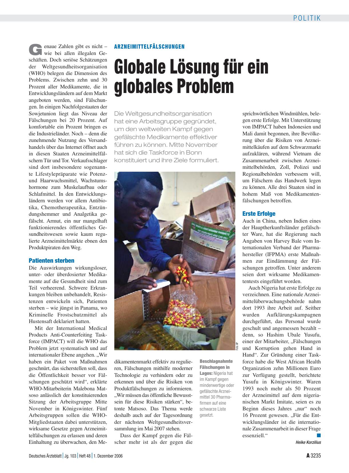 Vorschauseite 1: Arzneimittelfälschungen: Globale Lösung für ein globales Problem