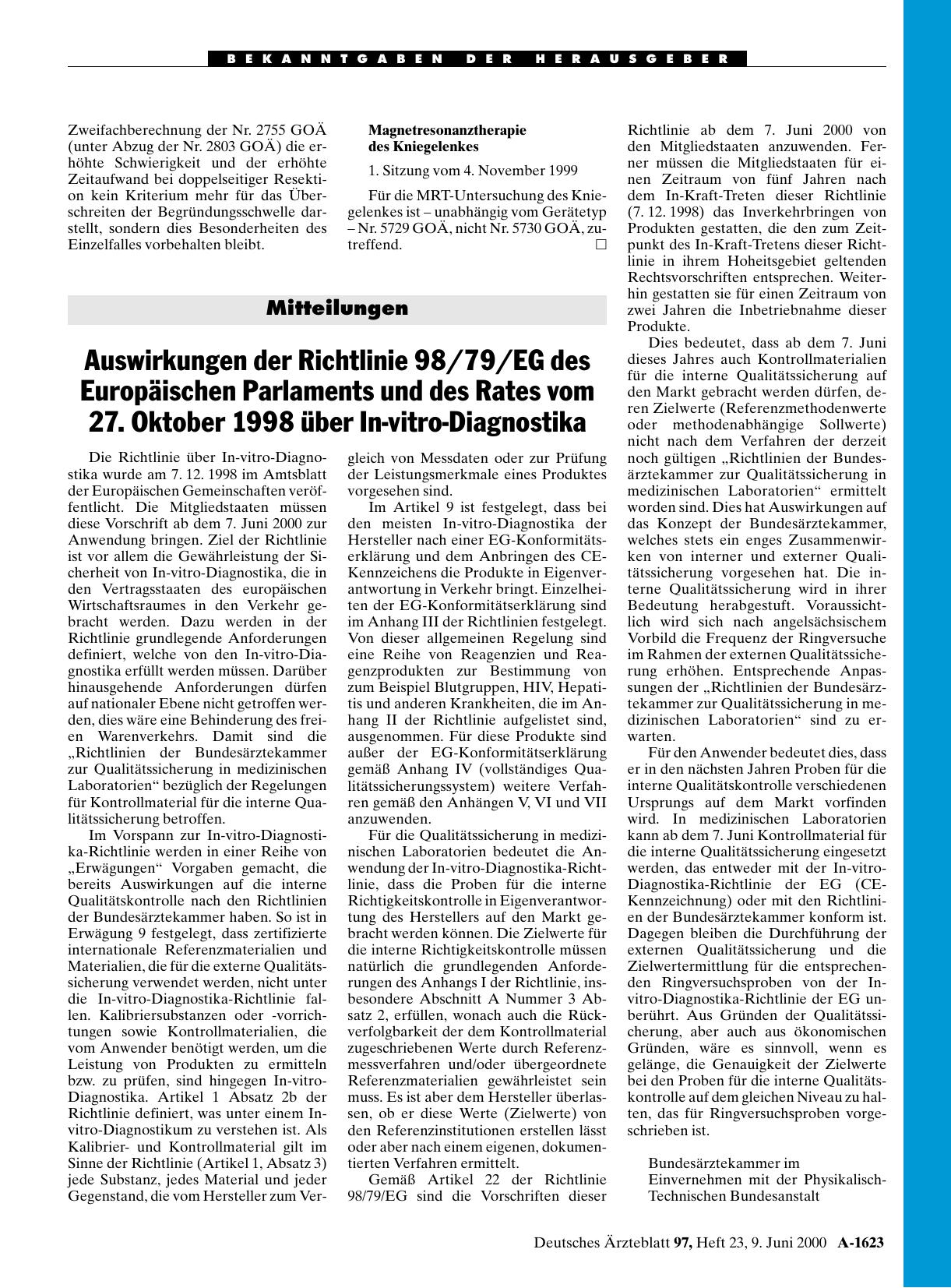 Vorschauseite 1: Auswirkungen der Richtlinie 98/79/EG des Europäischen Parlaments und des Rates vom 27. Oktober 1998 über In-vitro-Diagnostika