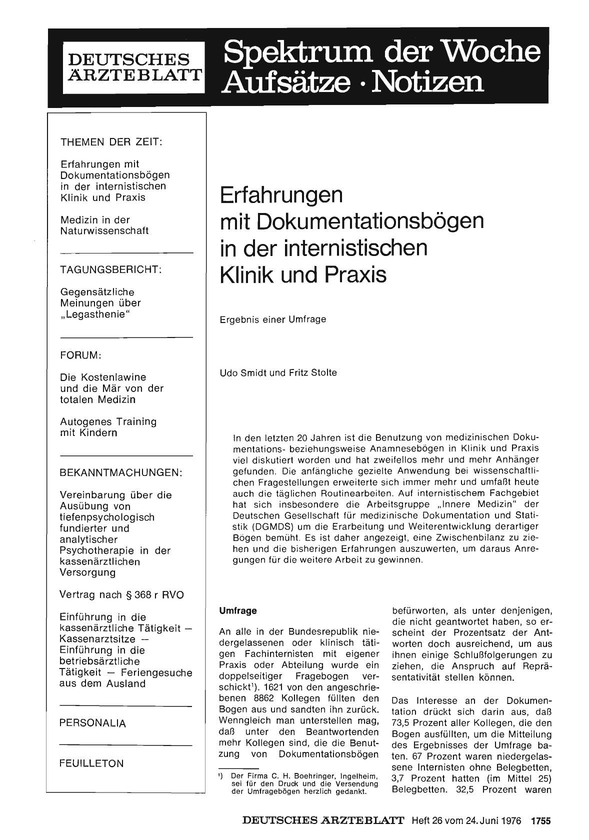 Vorschauseite 1: Erfahrungen mit Dokumentationsbögen in der internistischen Klinik und Praxis: Ergebnis einer Umfrage