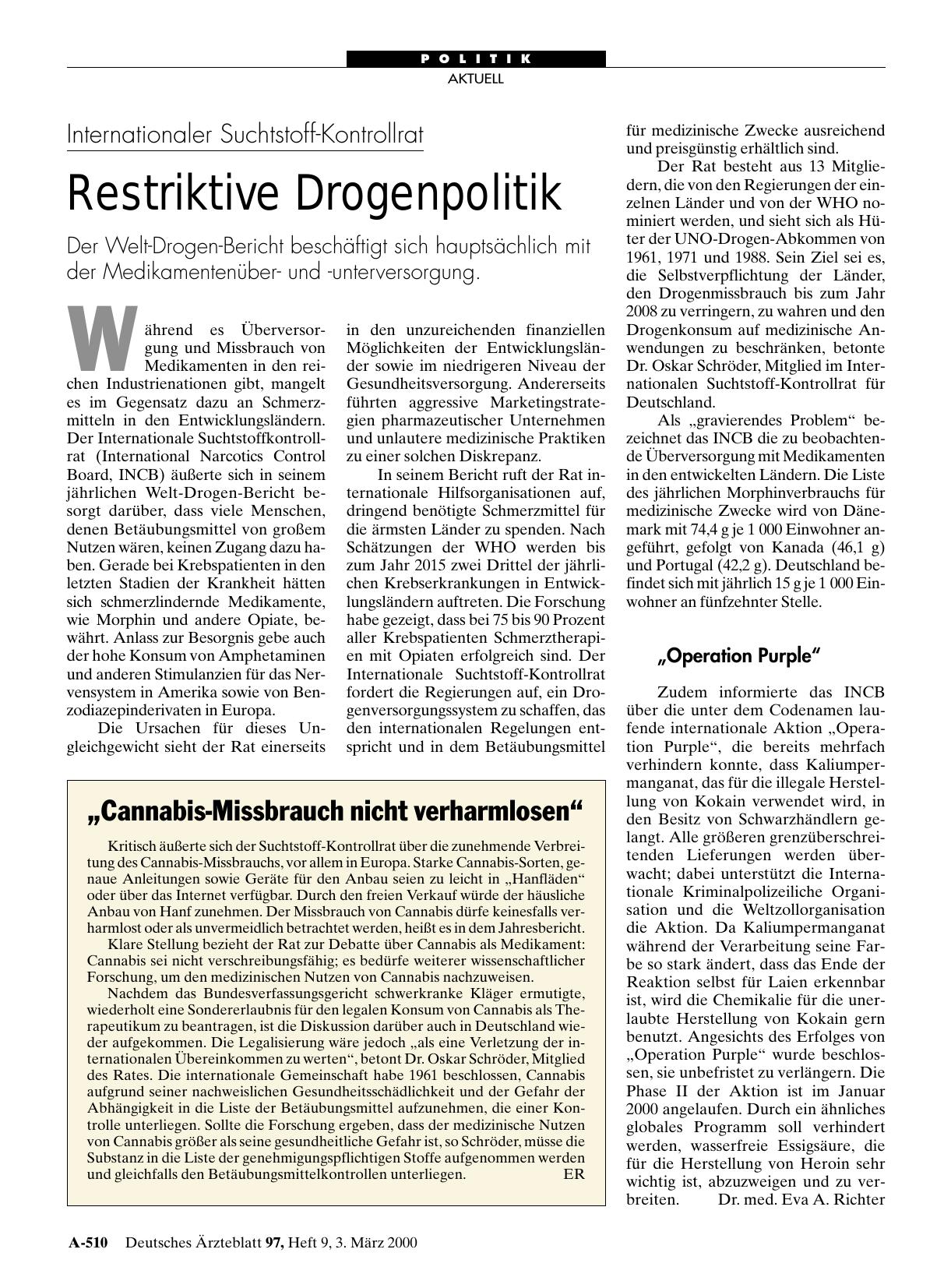 Vorschauseite 1: Internationaler Suchtstoff-Kontrollrat: Restriktive Drogenpolitik