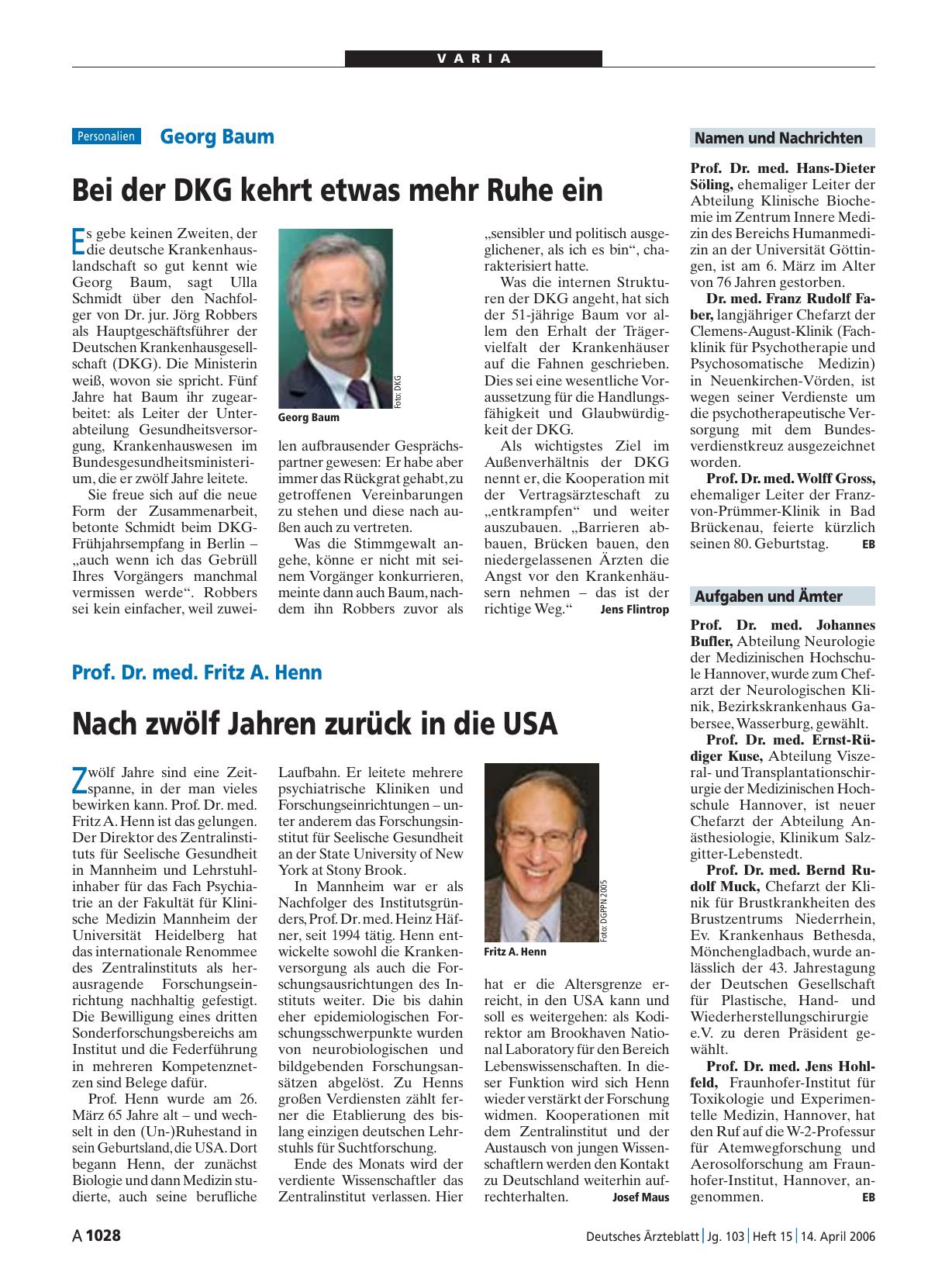 Vorschauseite 1: Prof. Dr. med. Fritz A. Henn: Nach zwölf Jahren zurück in die USA