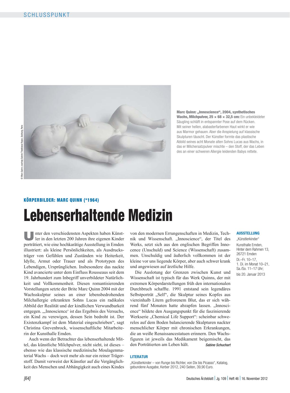 Vorschauseite 1: Körperbilder: Marc Quinn (*1964) – Lebenserhaltende Medizin