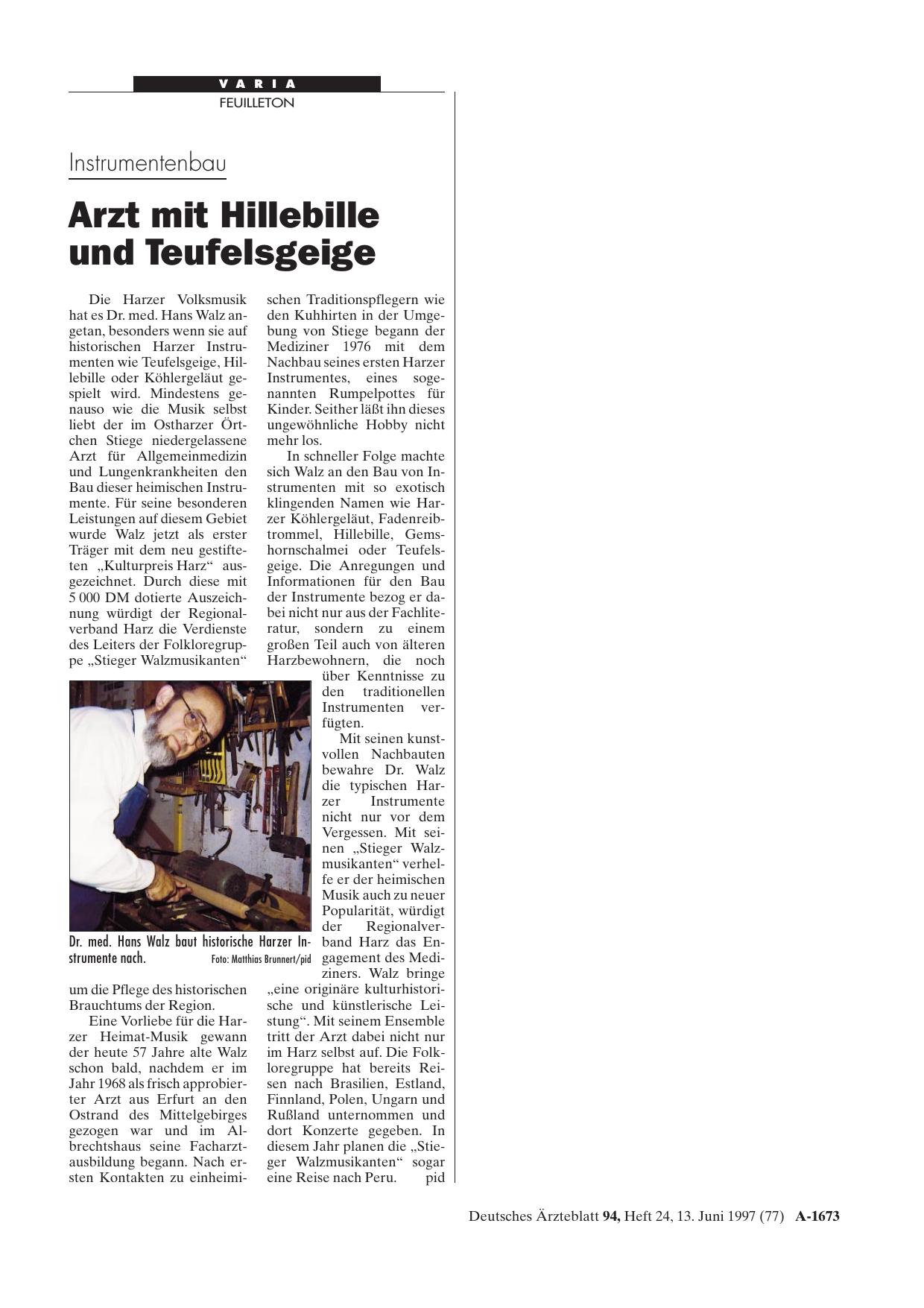 Vorschauseite 1: Instrumentenbau: Arzt mit Hillebille und Teufelsgeige