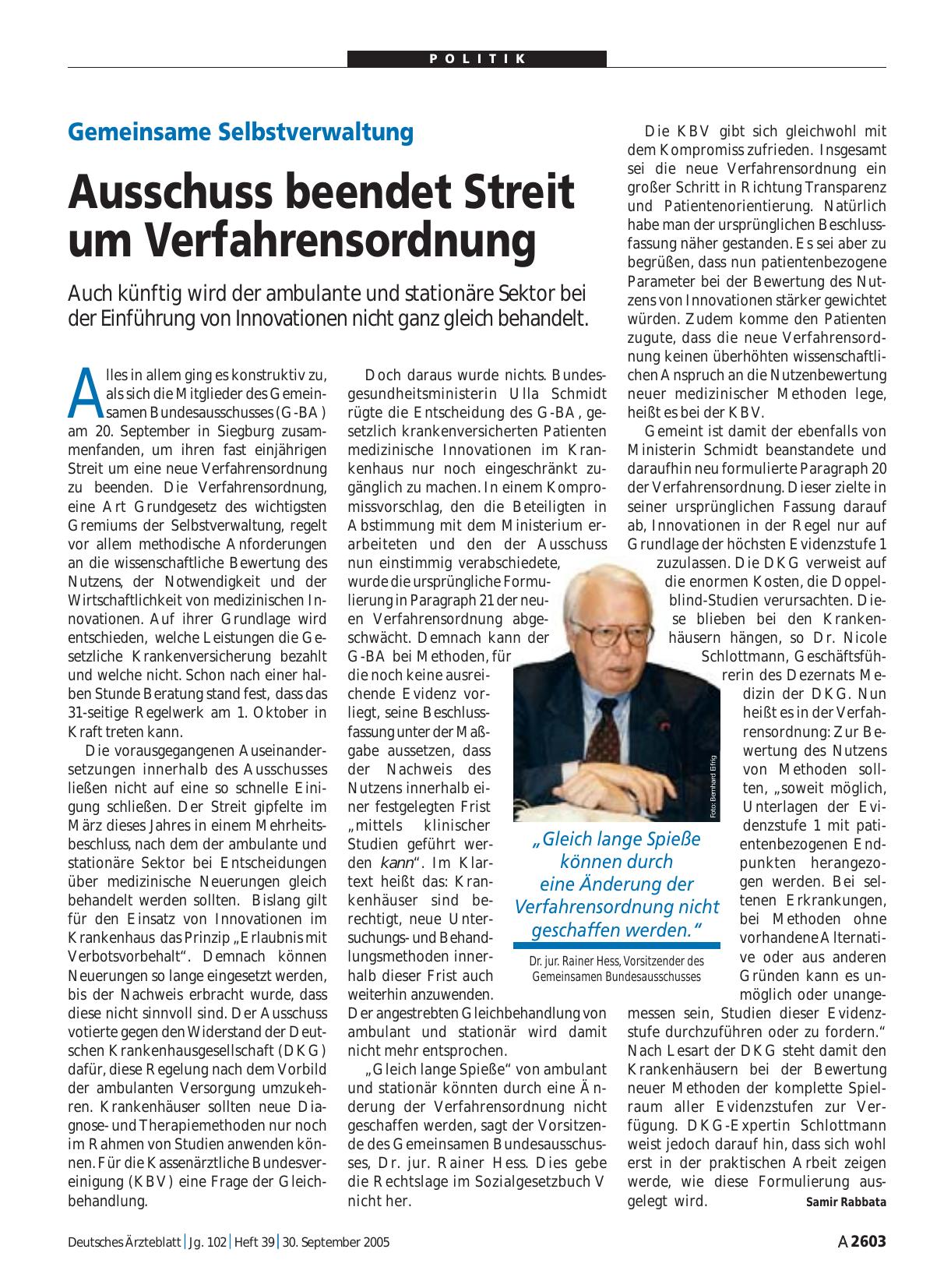 Vorschauseite 1: Gemeinsame Selbstverwaltung: Ausschuss beendet Streit um Verfahrensordnung