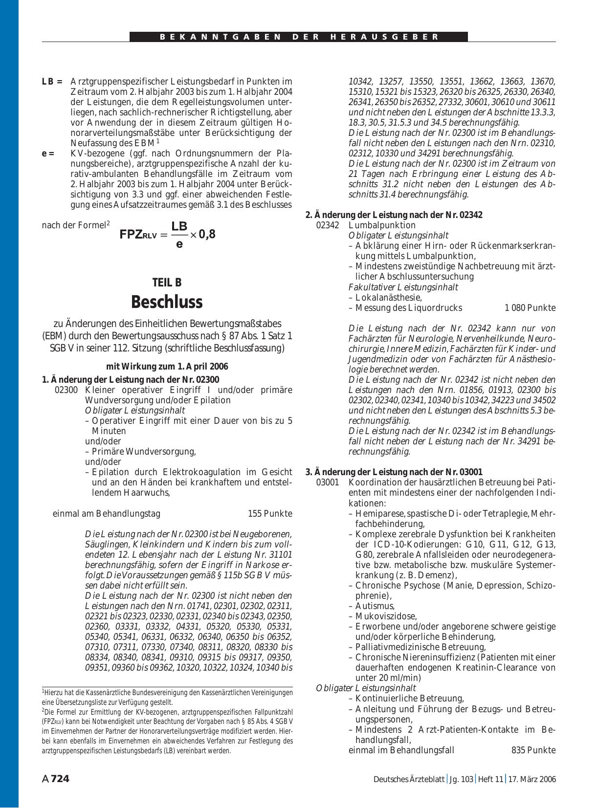 Vorschauseite 1: Bekanntmachungen: TEIL B – Beschluss zu Änderungen des Einheitlichen Bewertungsmaßstabes (EBM) durch den Bewertungsausschuss nach § 87 Abs. 1 Satz 1 SGB V in seiner 112. Sitzung (…