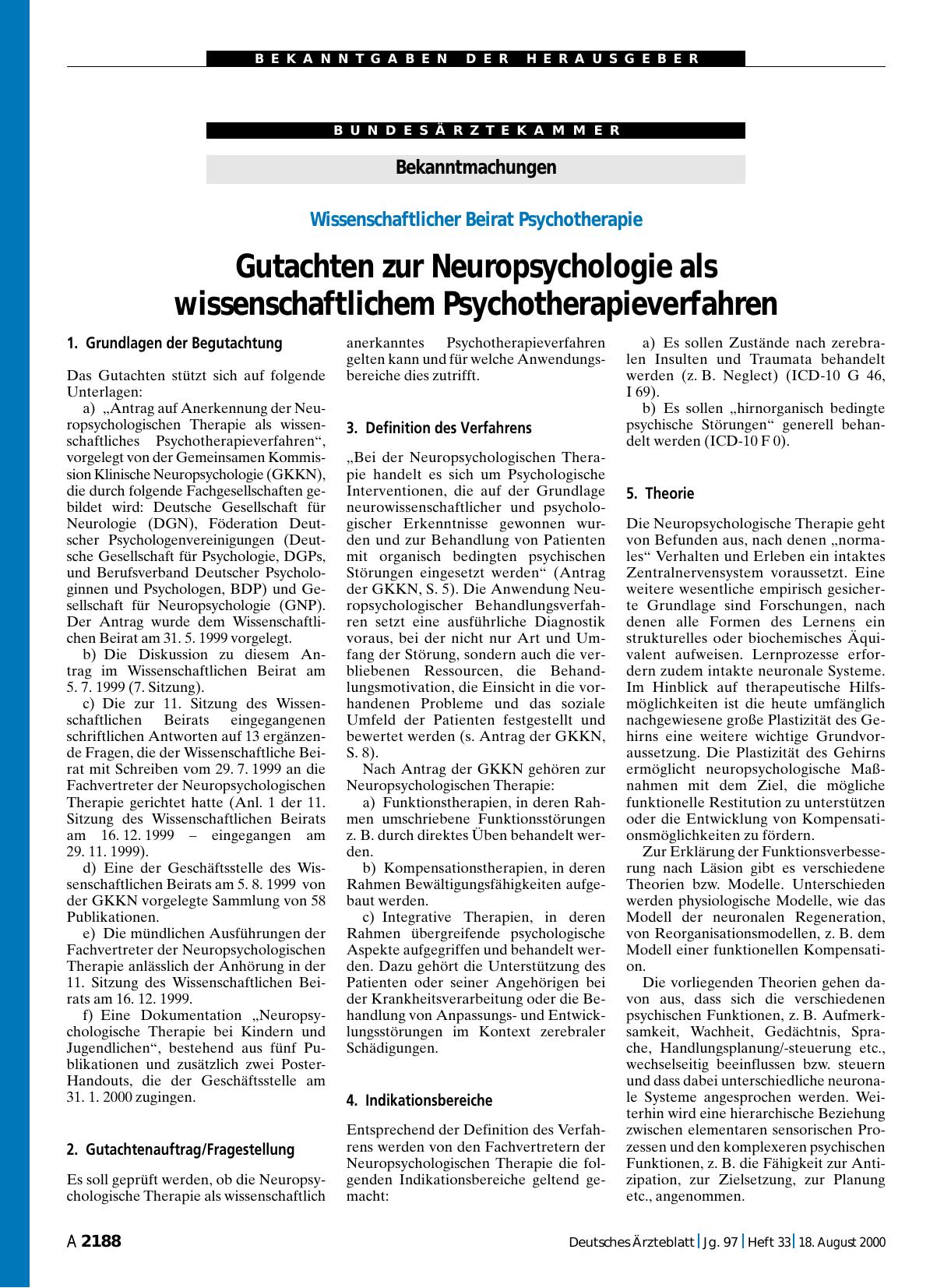 Vorschauseite 1: Bekanntmachungen: Wissenschaftlicher Beirat Psychotherapie Gutachten zur Neuropsychologie als wissenschaftlichem Psychotherapieverfahren