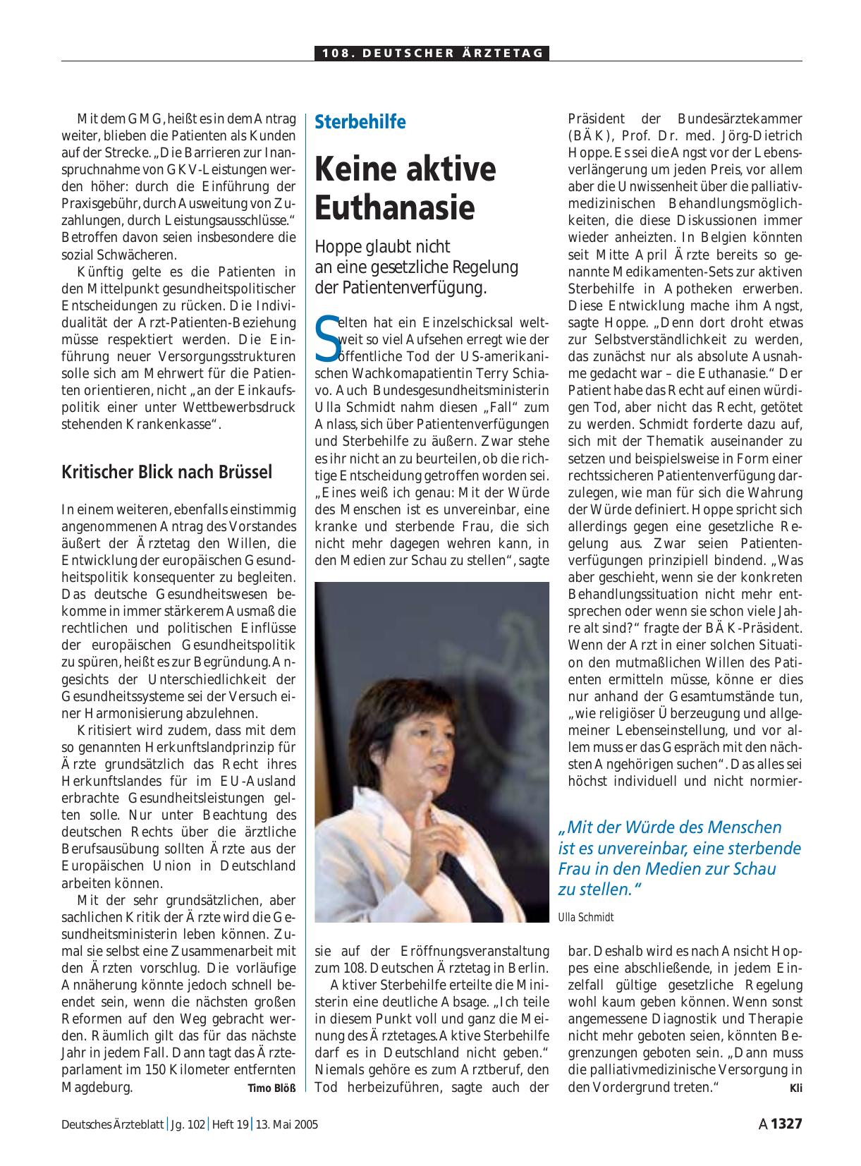 Vorschauseite 1: Sterbehilfe: Keine aktive Euthanasie