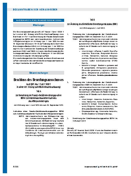 Vorschauseite 1: Beschluss des Bewertungsausschusses nach § 87 Abs. 1 Satz 1 SGB V in seiner 601. Sitzung (schriftliche Beschlussfassung)