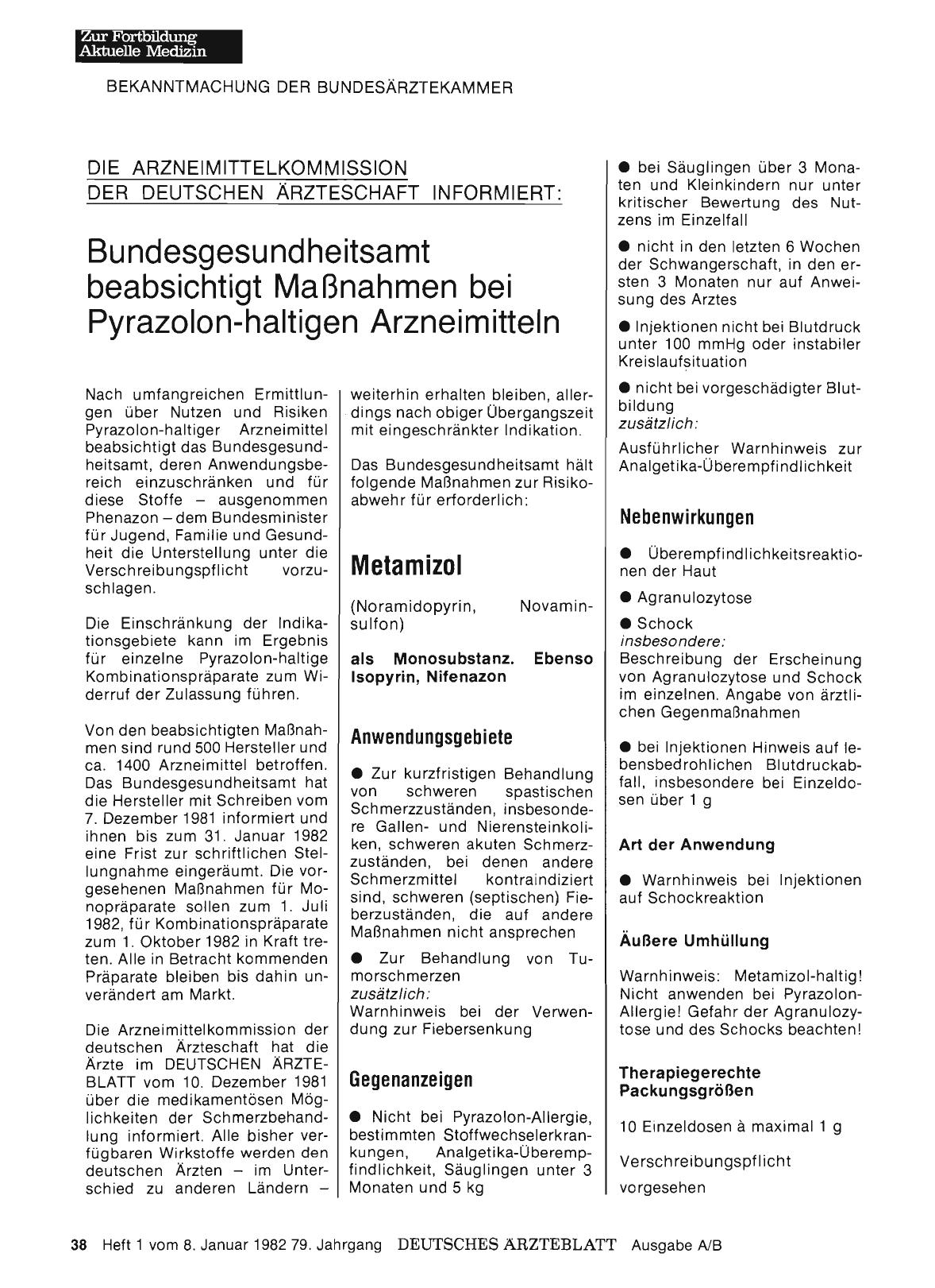 Vorschauseite 1: Bundesgesundheitsamt beabsichtigt Maßnahmen bei Pyrazolon-haltigen Arzneimitteln
