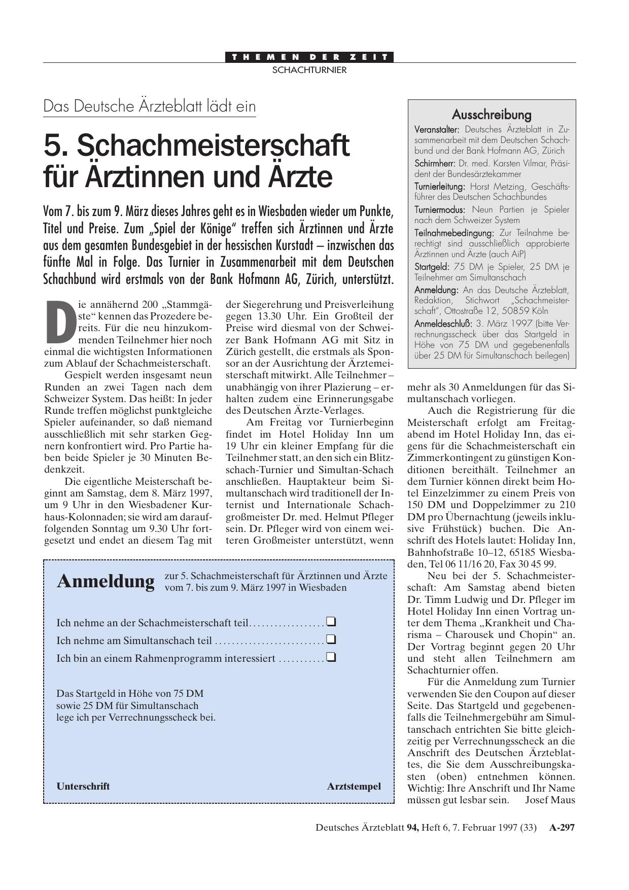 Vorschauseite 1: Das Deutsche Ärzteblatt lädt ein: 5. Schachmeisterschaft für Ärztinnen und Ärzte
