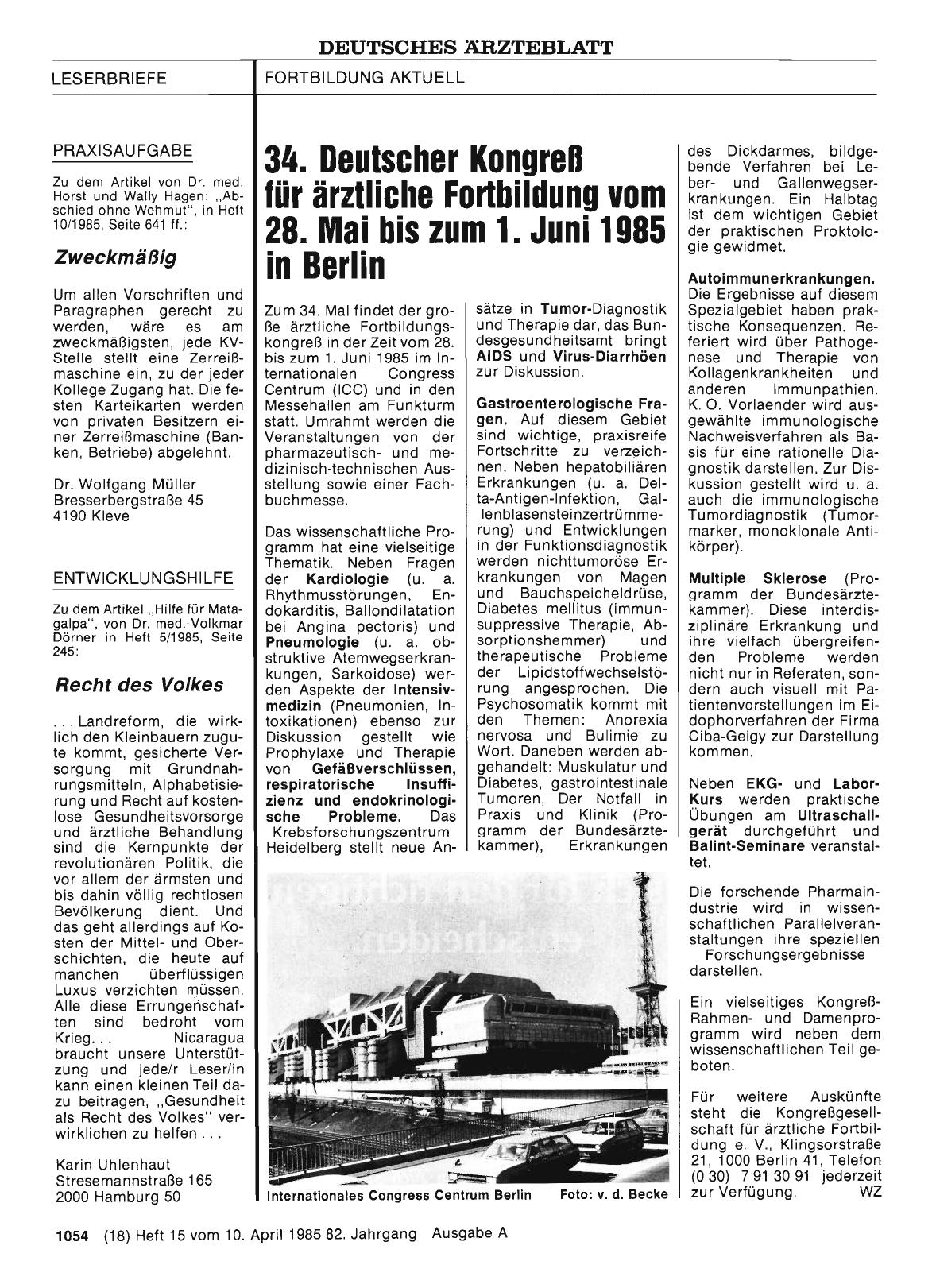 Vorschauseite 1: 34. Deutscher Kongreß für ärztliche Fortbildung vom 28. Mai bis zum 1. Juni 1985 in Berlin