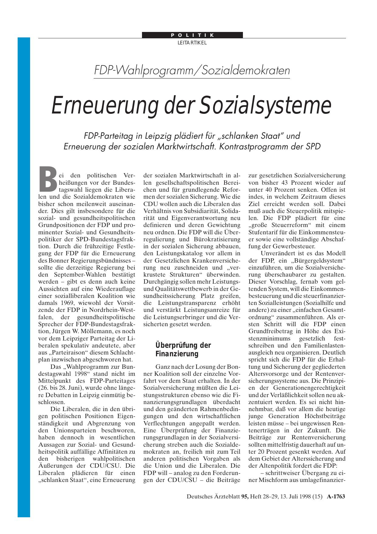 Vorschauseite 1: FDP-Wahlprogramm/Sozialdemokraten: Erneuerung der Sozialsysteme