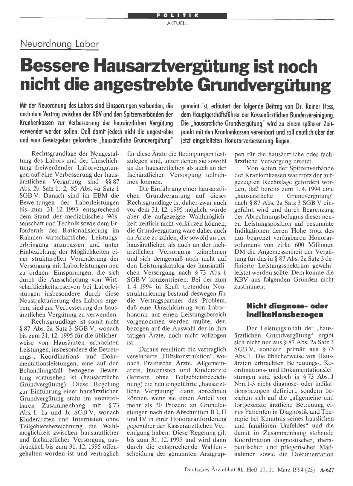 Vorschauseite 1: Neuordnung Labor Bessere Hausarztvergütung ist noch nicht die angestrebte Grundvergütung