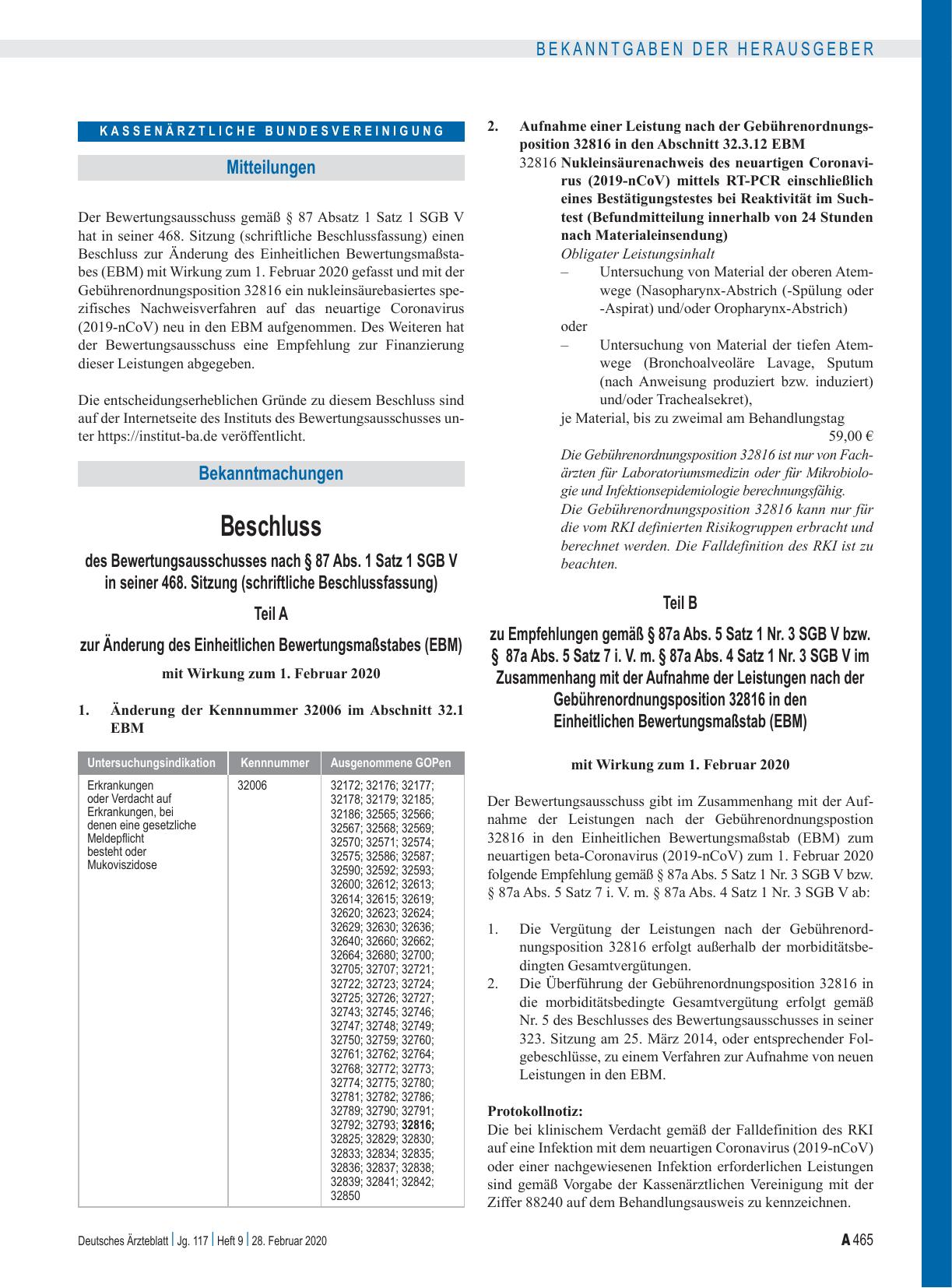 Vorschauseite 1: Beschluss des Bewertungsausschusses nach § 87 Abs. 1 Satz 1 SGB V in seiner 468. Sitzung (schriftliche Beschlussfassung): Teil A, Teil B
