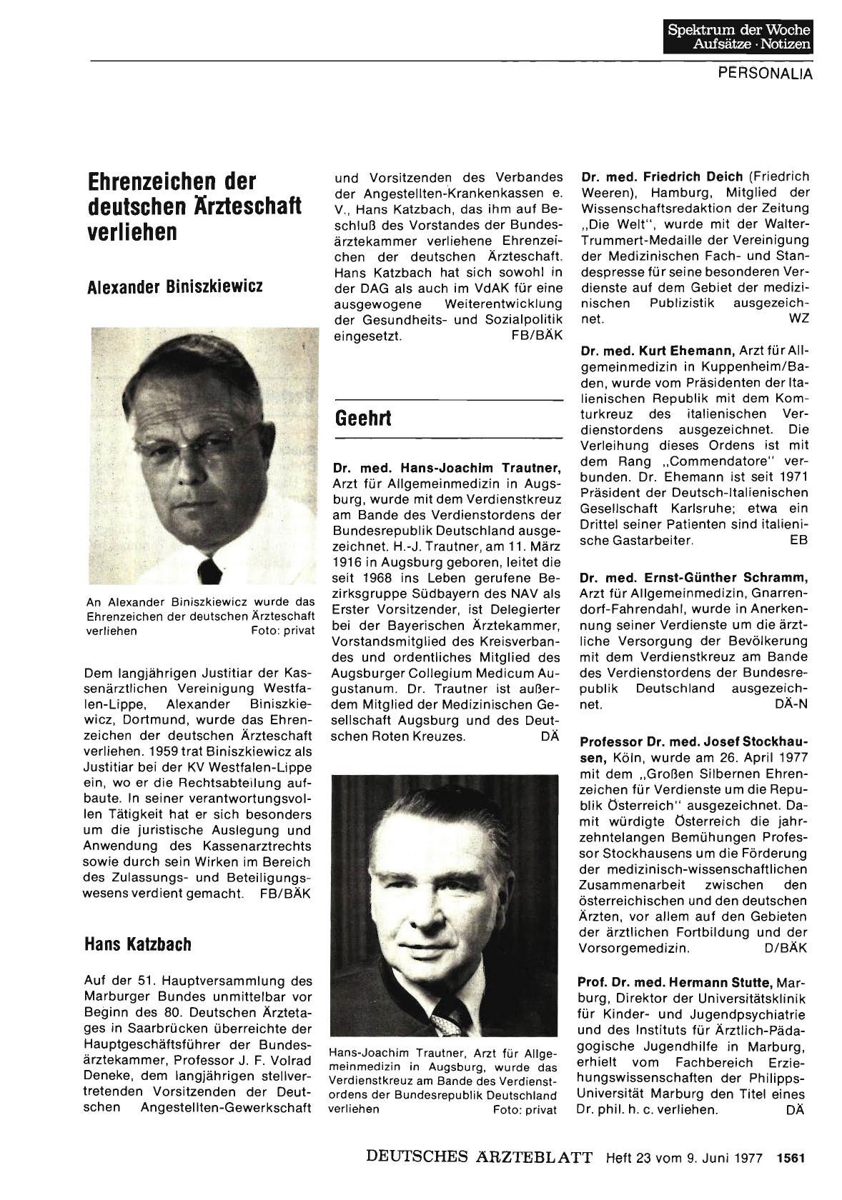 Vorschauseite 1: Ehrenzeichen der deutschen Ärzteschaft verliehen