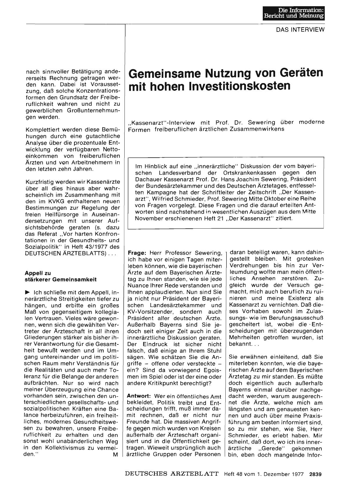 Vorschauseite 1: Gemeinsame Nutzung von Geräten mit hohen Investitionskosten: „Kassenarzt“-lnterview mit Prof. Dr. Sewering über moderne Formen freiberuflichen ärztlichen Zusammenwirkans