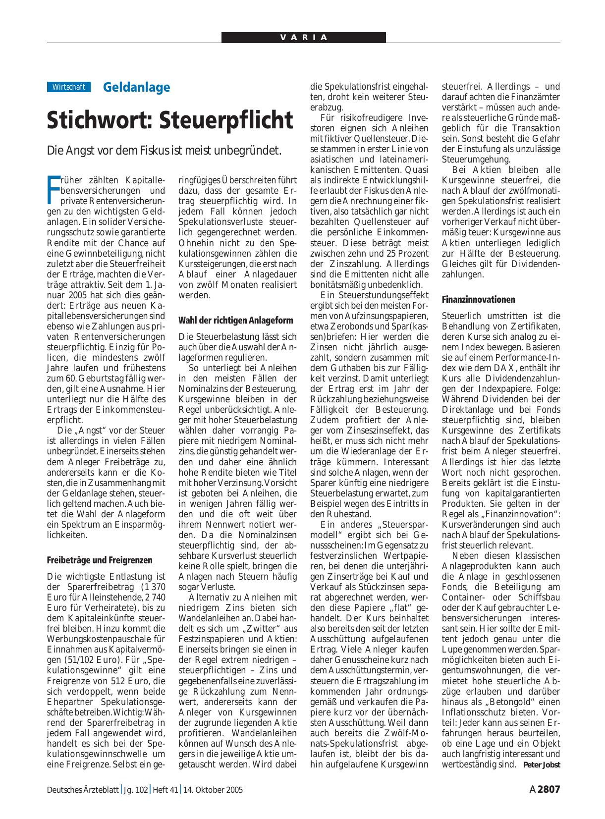 Vorschauseite 1: Geldanlage: Stichwort – Steuerpflicht