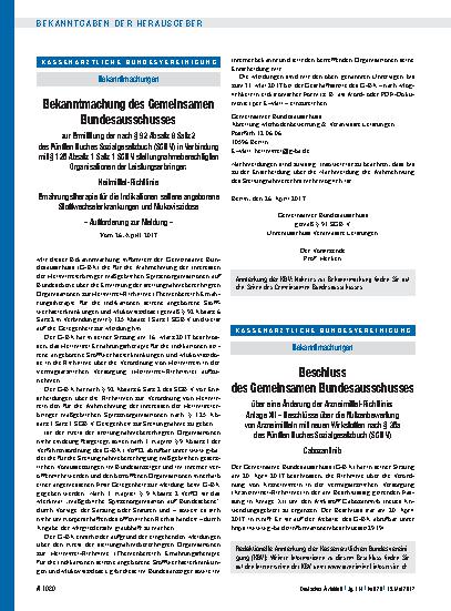 Vorschauseite 1: Bekanntmachung des Gemeinsamen Bundesausschusses zur Ermittlung der nach § 92 Absatz 6 Satz 2 des Fünften Buches Sozialgesetzbuch (SGB V) in Verbindung mit § 125 Absatz 1 Satz 1 S…