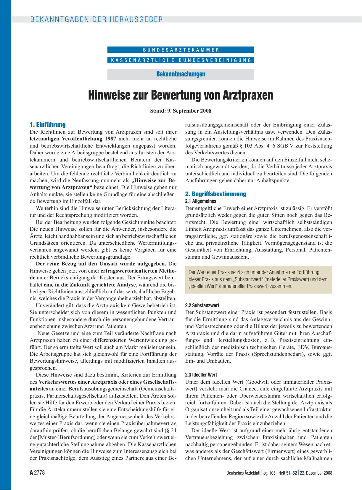 Vorschauseite 1: Bekanntmachungen: Hinweise zur Bewertung von Arztpraxen: Stand: 9. September 2008