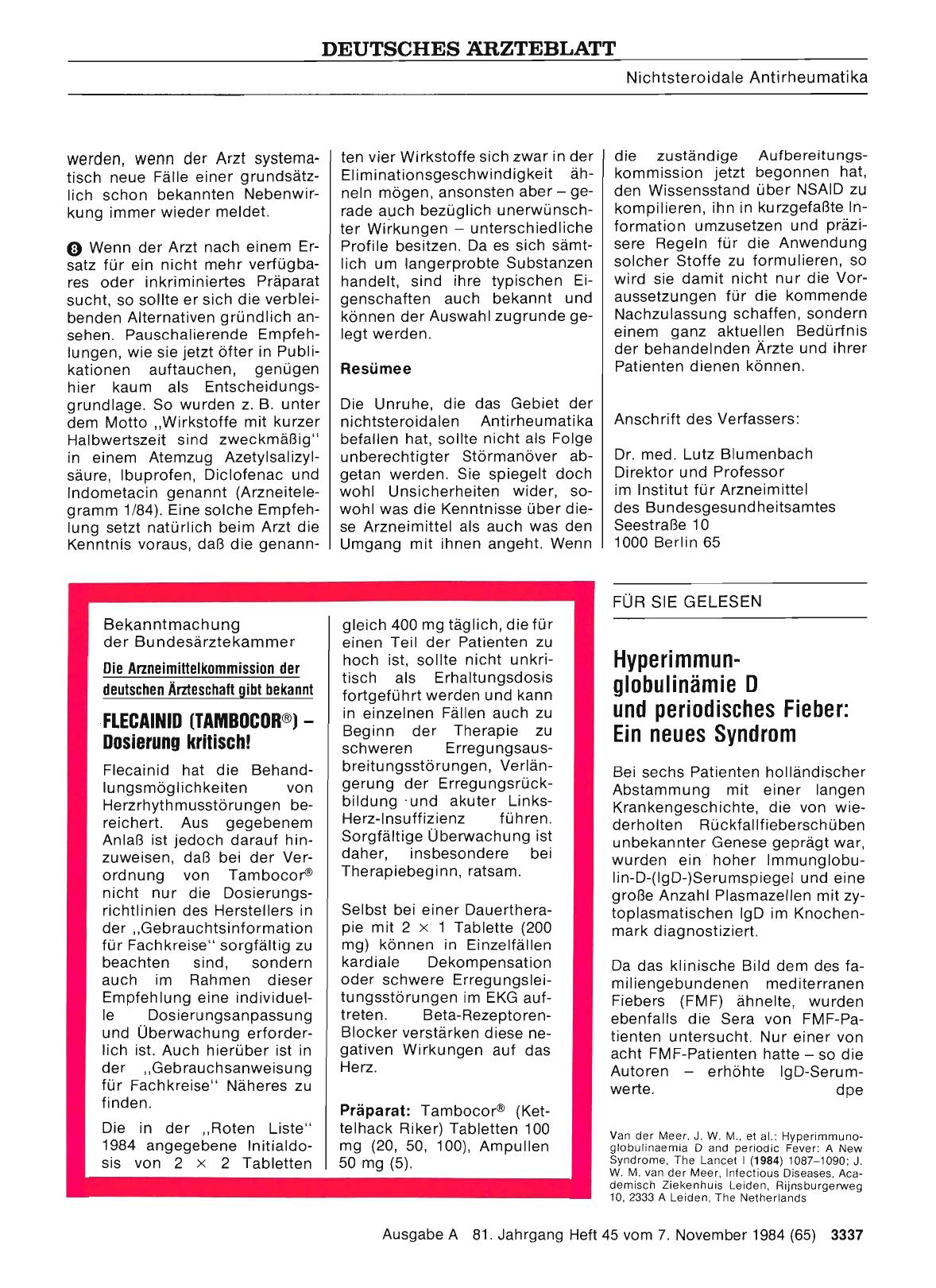 Vorschauseite 1: Die Arzneimittelkommission der deutschen Ärzteschaft gibt bekannt: FLECAINID (TAMBOCOR®) — Dosierung kritisch!
