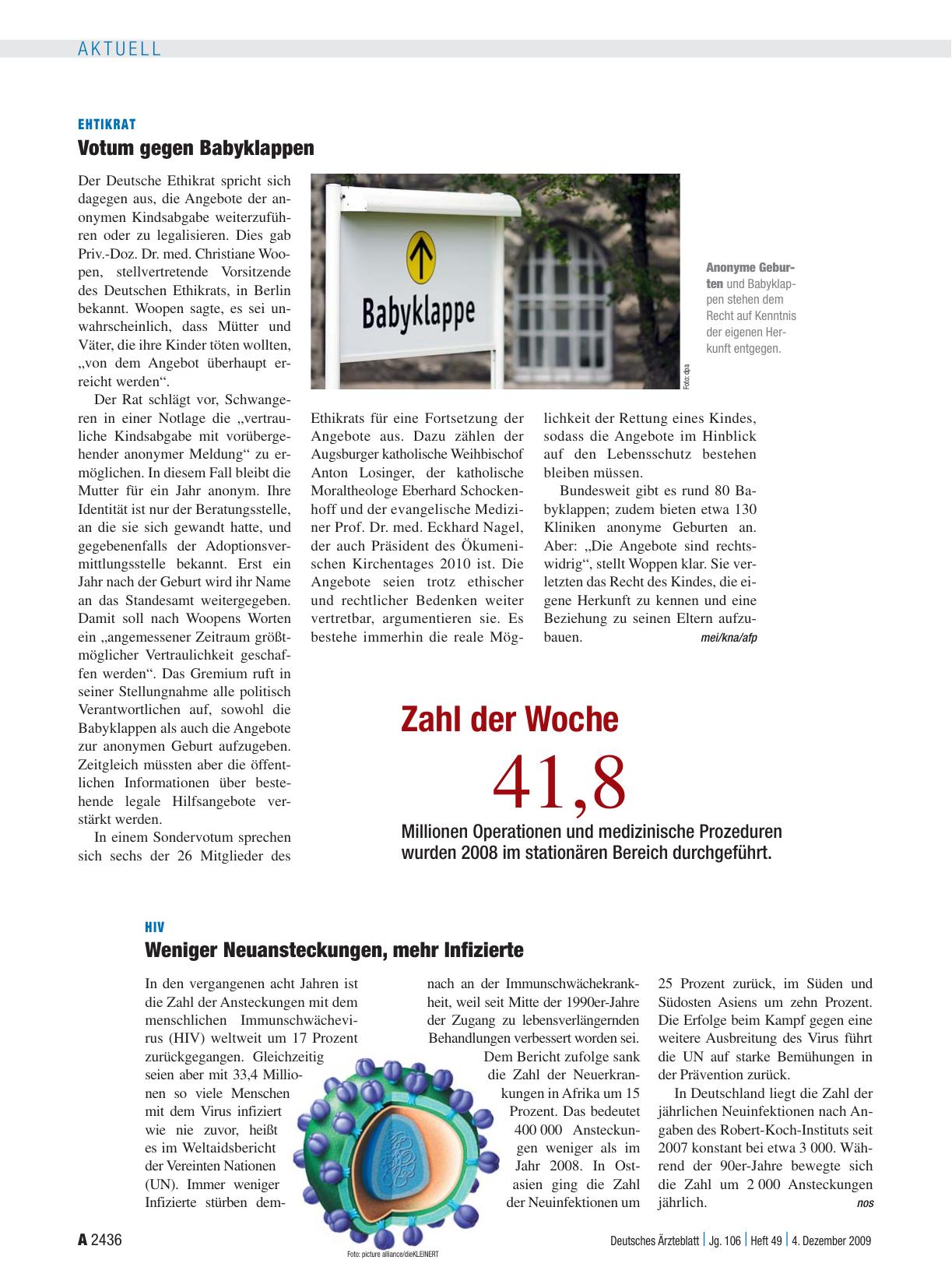 Vorschauseite 1: Ehtikrat: Votum gegen Babyklappen