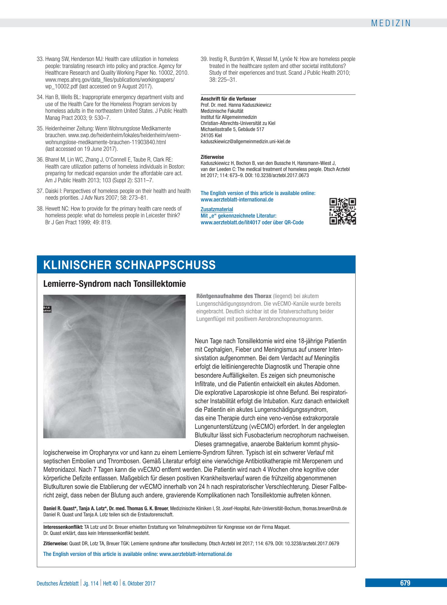 Vorschauseite 1: Lemierre-Syndrom nach Tonsillektomie – Deutsches Ärzteblatt