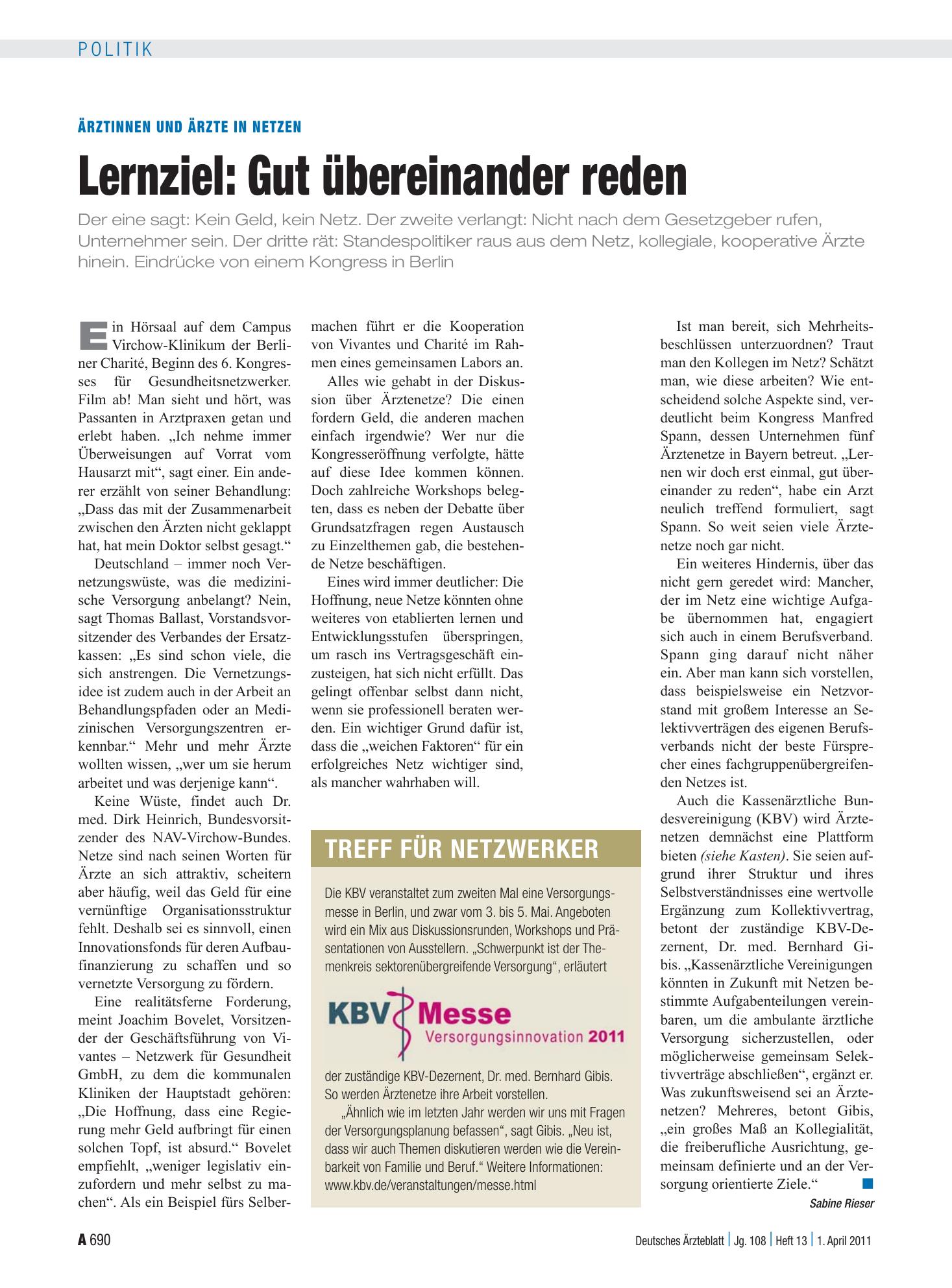 Vorschauseite 1: Ärztinnen und Ärzte in Netzen – Lernziel: Gut übereinander reden – Deutsches Ärzteblatt