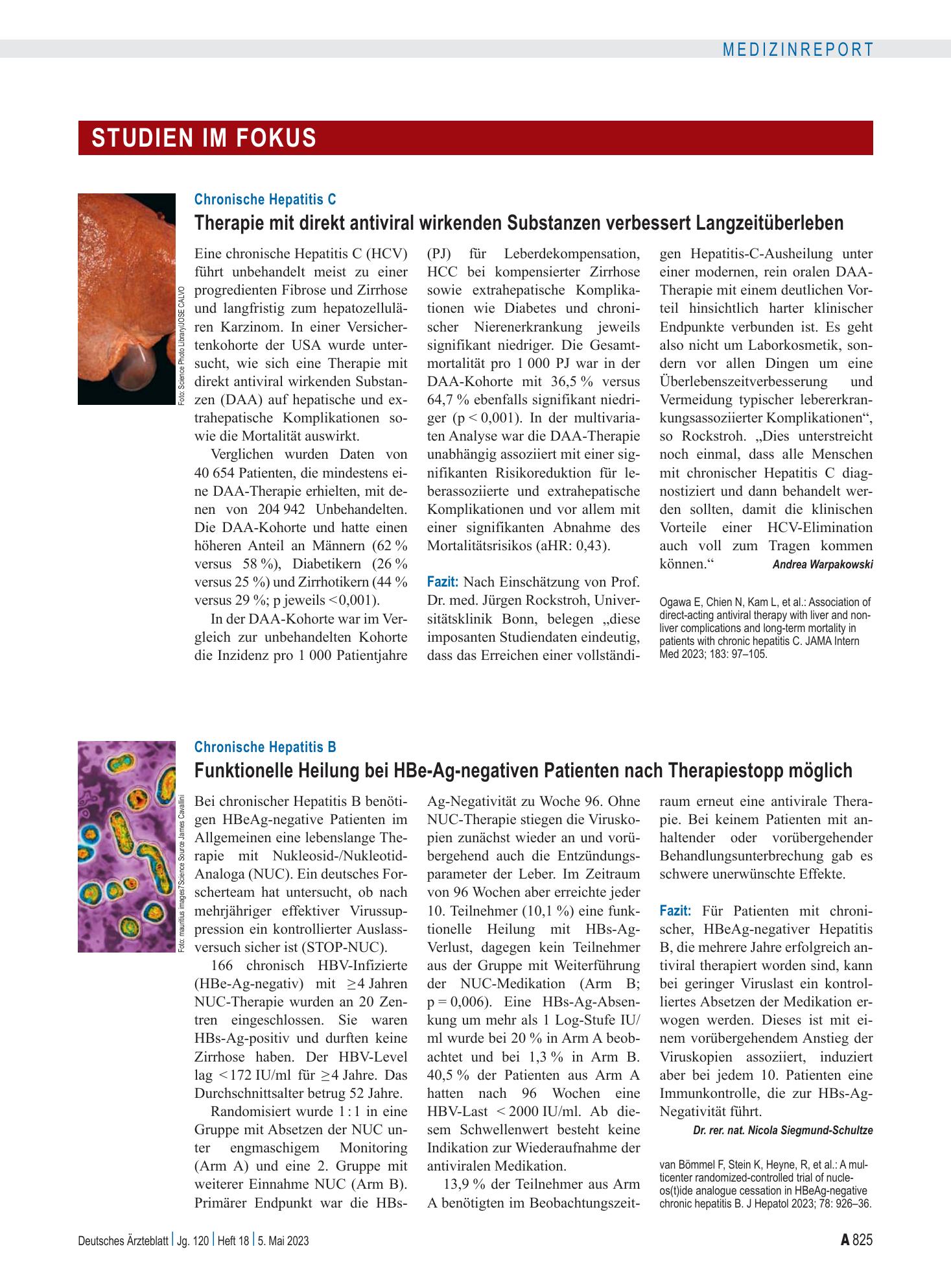 Vorschauseite 1: Chronische Hepatitis C: Therapie mit direkt antiviral wirkenden Substanzen verbessert Langzeitüberleben – Deutsches Ärzteblatt