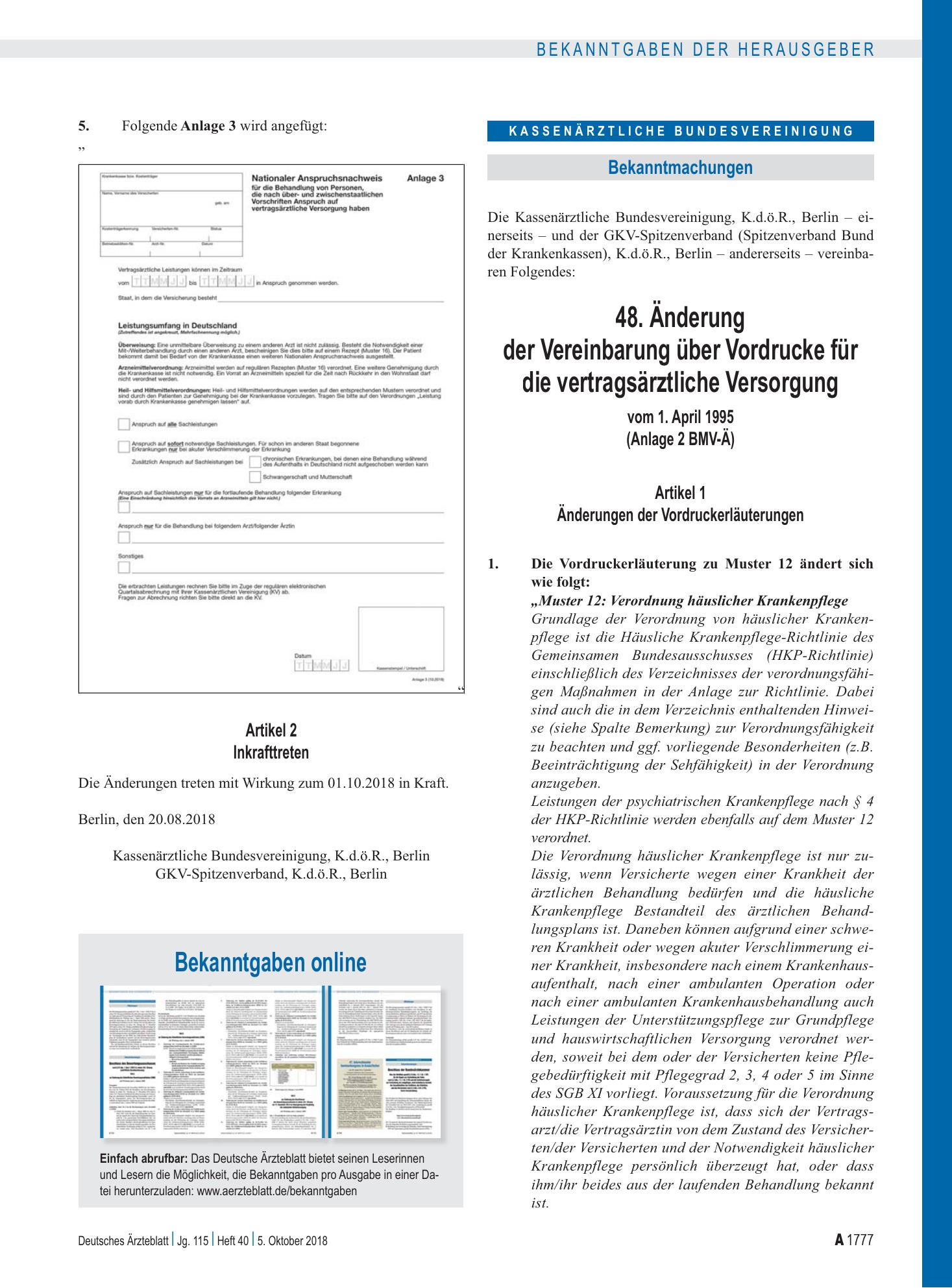 Vorschauseite 1: Bekanntgaben online – Deutsches Ärzteblatt