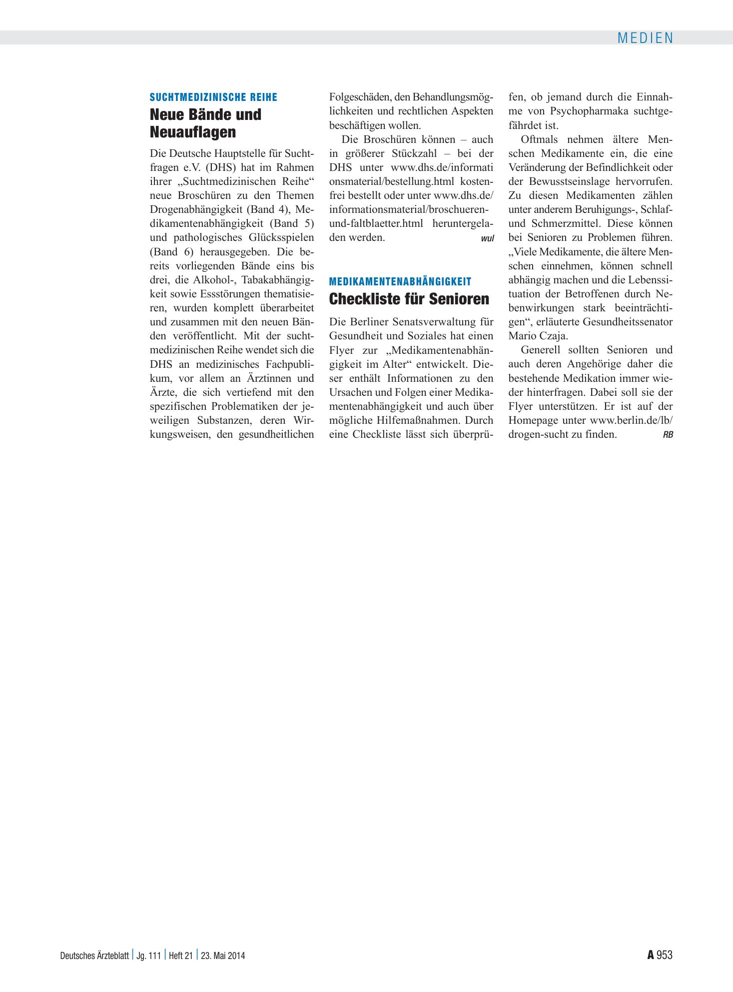 Vorschauseite 1: Medikamentenabhängigkeit: Checkliste für Senioren – Deutsches Ärzteblatt
