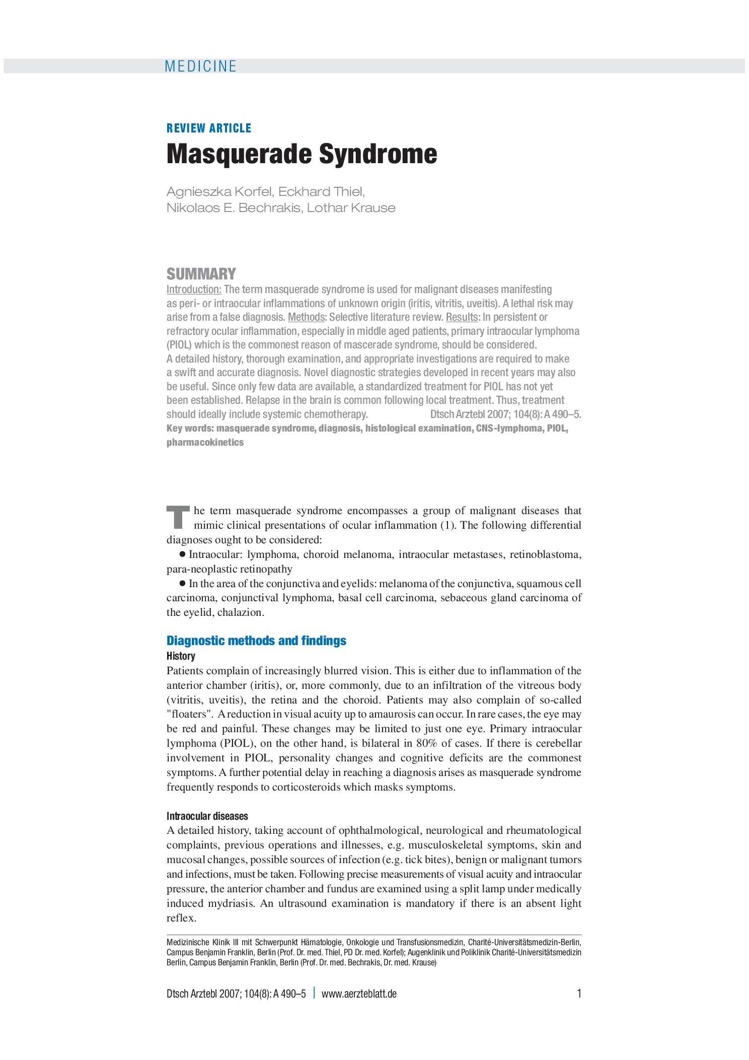 Vorschauseite 1: Das Masquerade-Syndrom – Deutsches Ärzteblatt