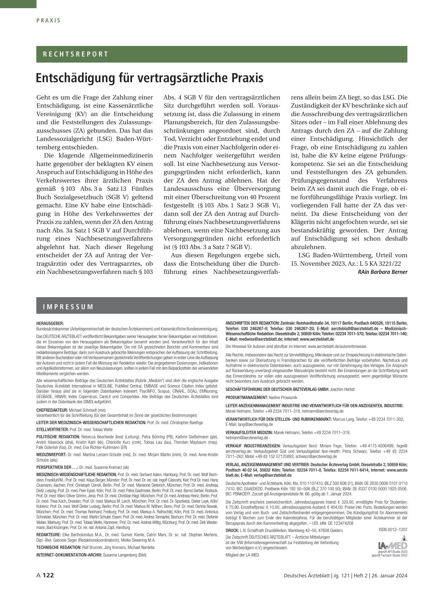 Vorschauseite 1: Entschädigung für vertragsärztliche Praxis – Deutsches Ärzteblatt