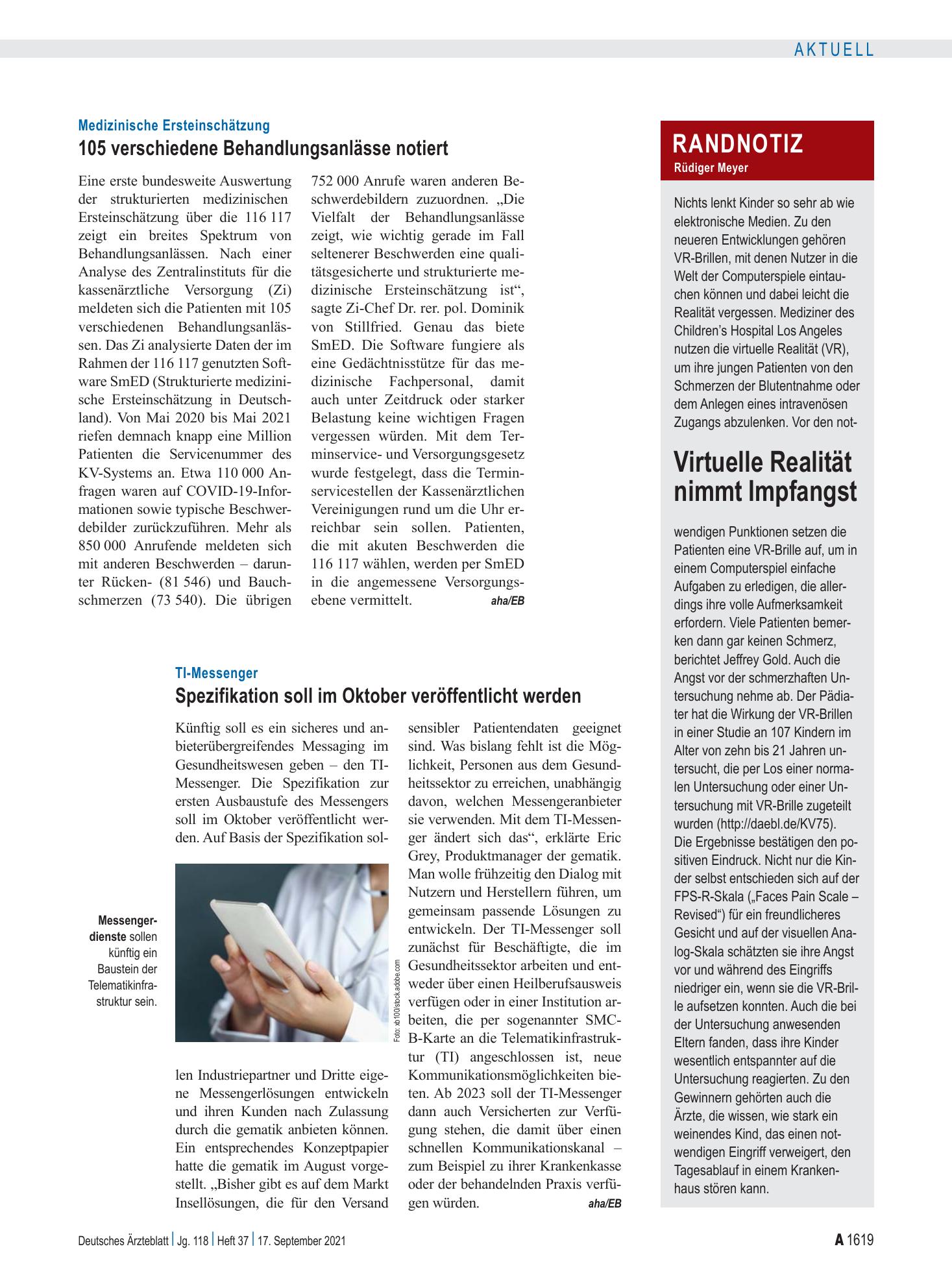 Vorschauseite 1: Randnotiz: Virtuelle Realität nimmt Impfangst – Deutsches Ärzteblatt