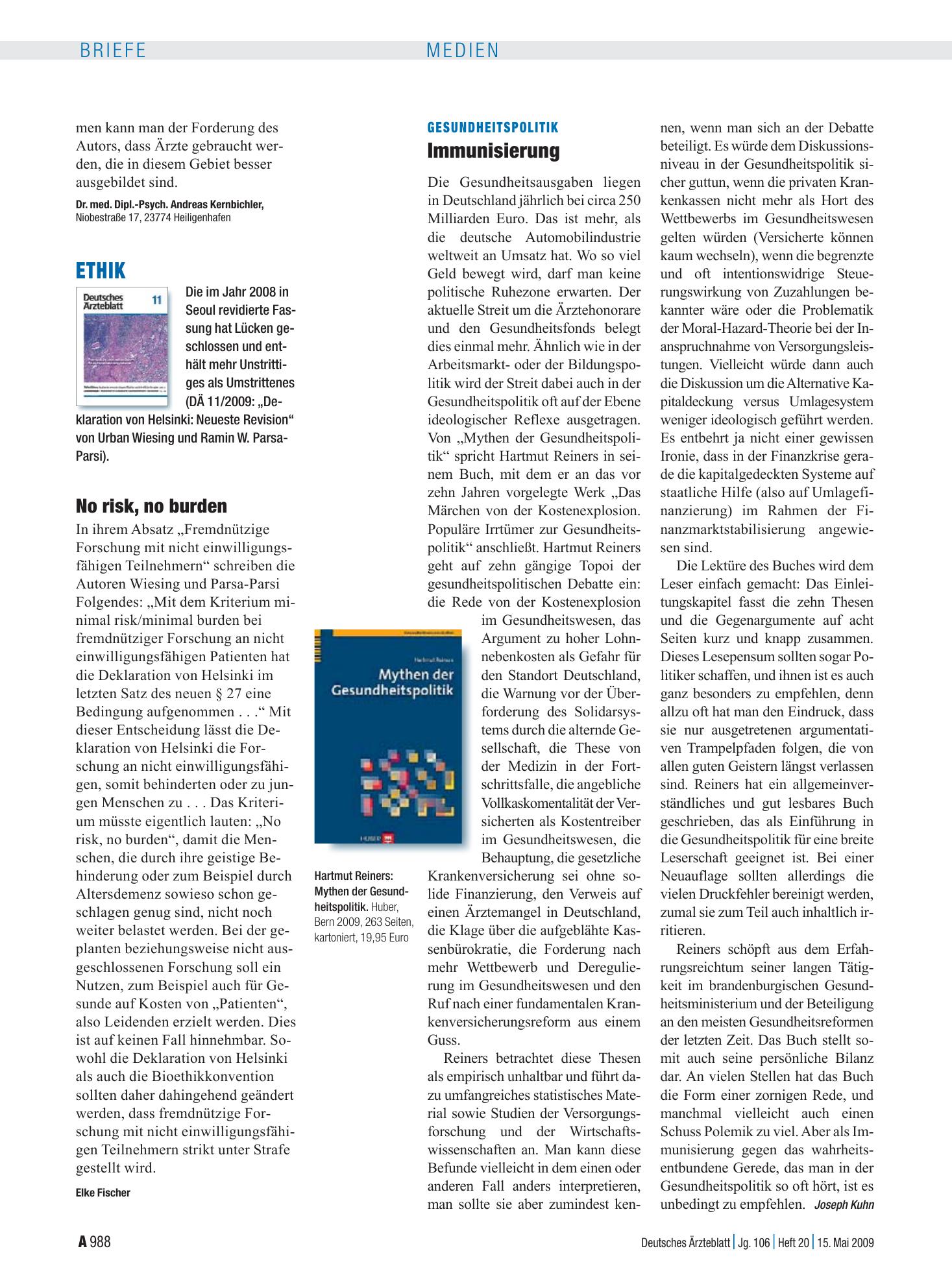 Vorschauseite 1: Ethik: No risk, no burden – Deutsches Ärzteblatt