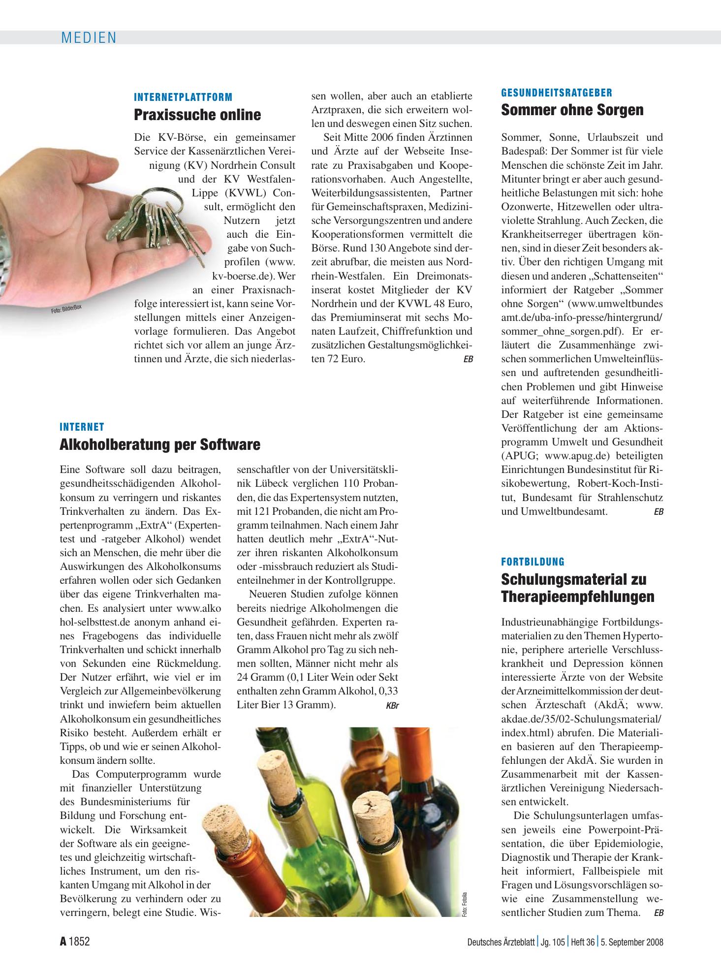 Vorschauseite 1: Internet: Alkoholberatung per Software – Deutsches Ärzteblatt