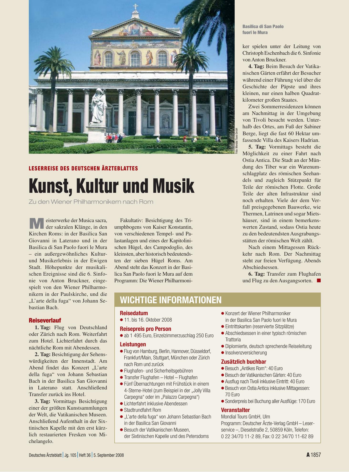Vorschauseite 1: Kunst, Kultur und Musik: Zu den Wiener Philharmonikern nach Rom – Deutsches Ärzteblatt