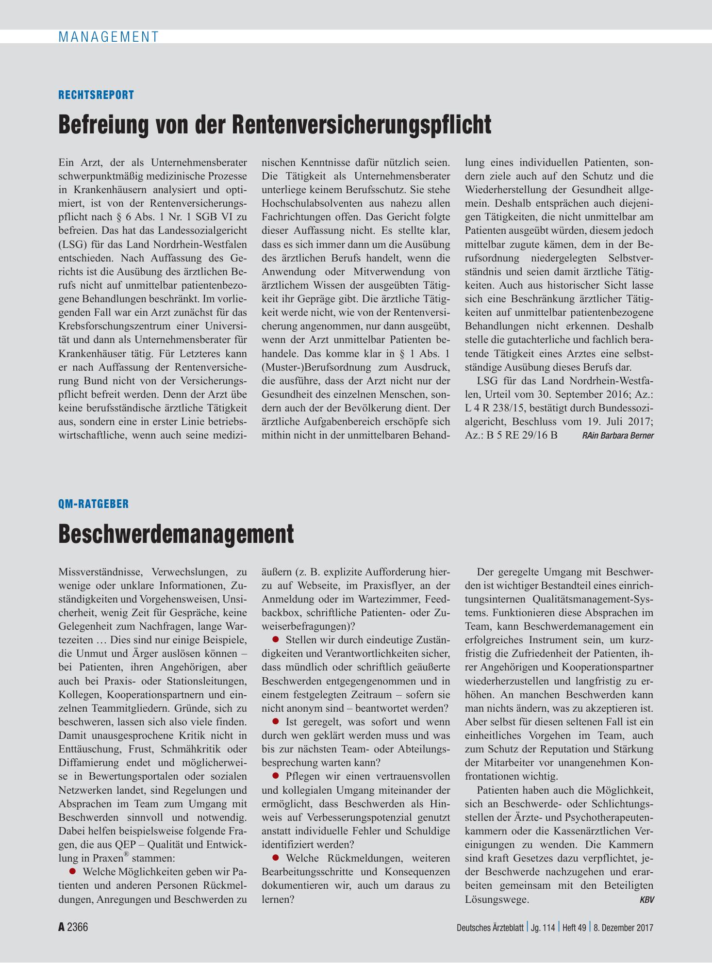 Vorschauseite 1: QM-Ratgeber: Beschwerdemanagement – Deutsches Ärzteblatt