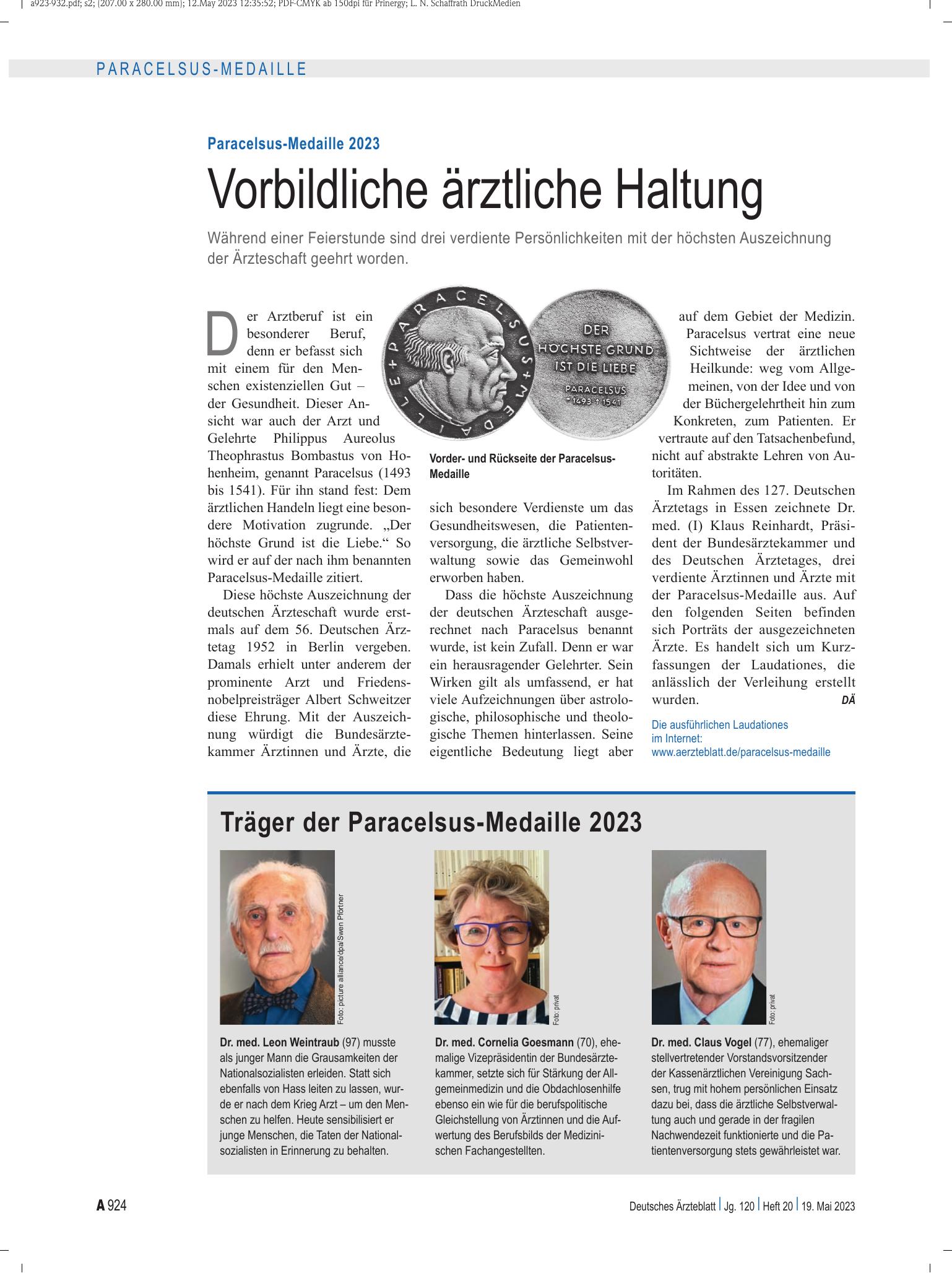 Vorschauseite 1: Paracelsus-Medaille 2023: Vorbildliche ärztliche Haltung – Deutsches Ärzteblatt
