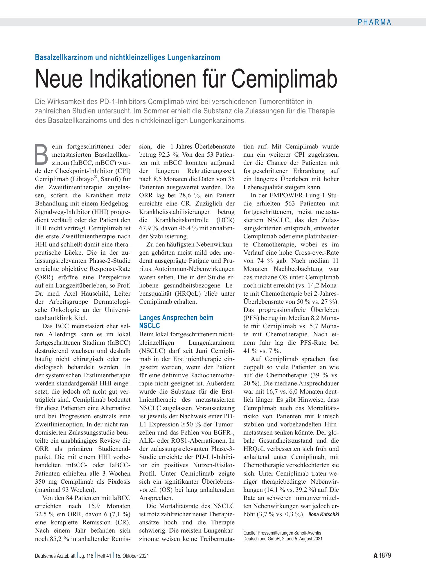 Vorschauseite 1: Basalzellkarzinom und nichtkleinzelliges Lungenkarzinom: Neue Indikationen für Cemiplimab – Deutsches Ärzteblatt