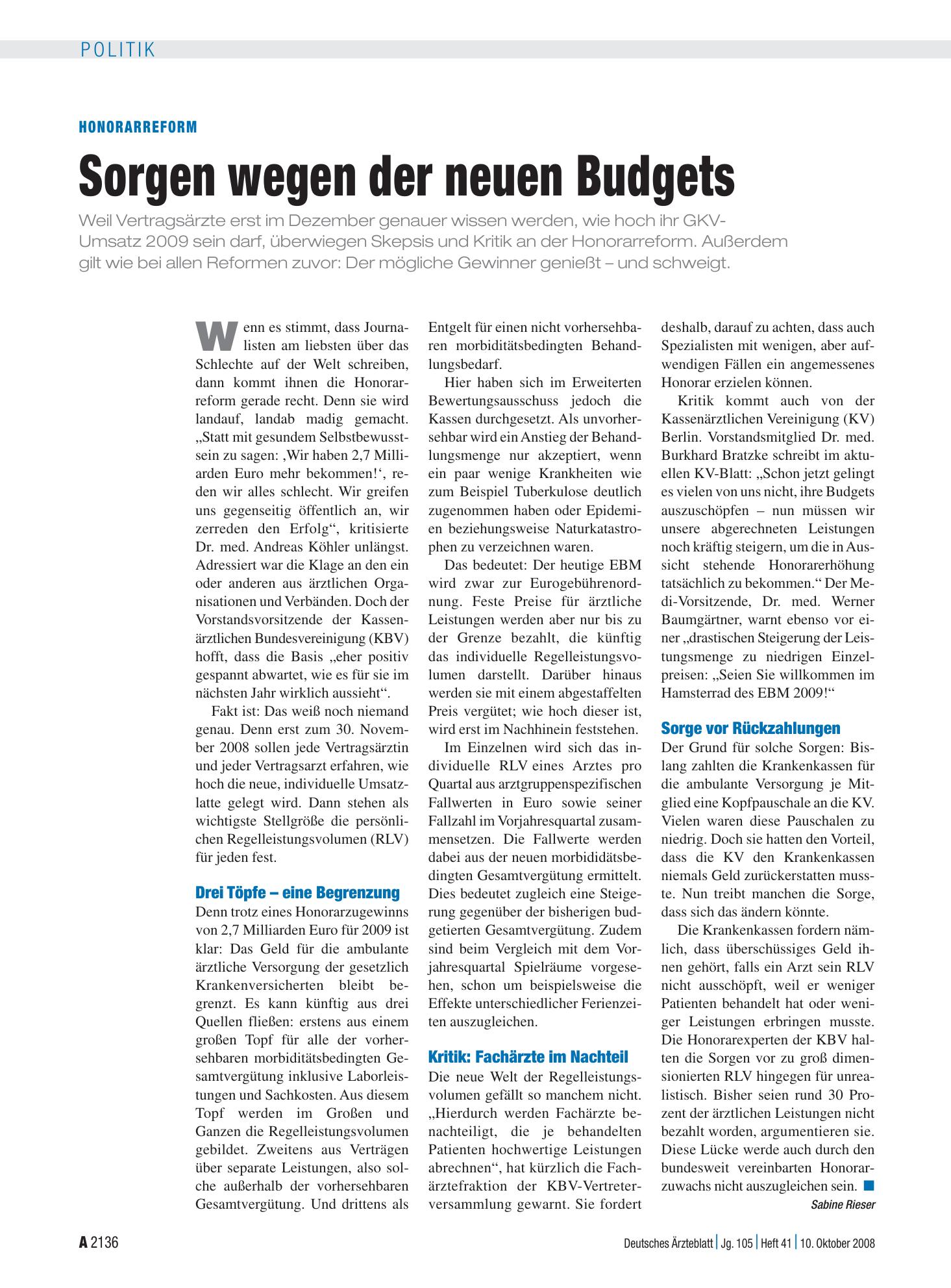 Vorschauseite 1: Honorarreform: Sorgen wegen der neuen Budgets – Deutsches Ärzteblatt