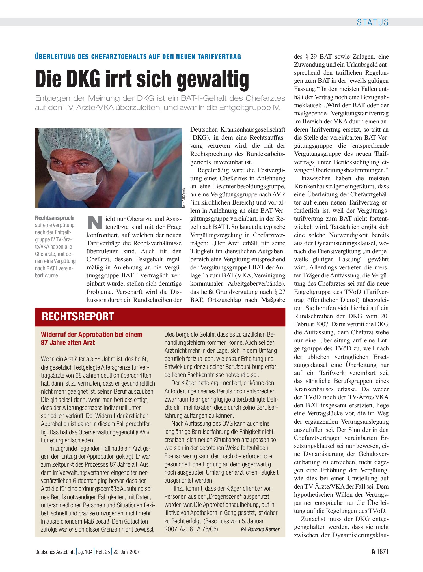 Vorschauseite 1: Widerruf der Approbation bei einem 87 Jahre alten Arzt – Deutsches Ärzteblatt